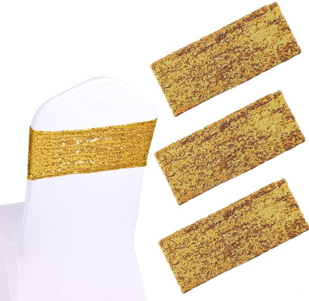 Aulufft 50 Pack Stretch Sequin Chair Sashes Gold Stretch