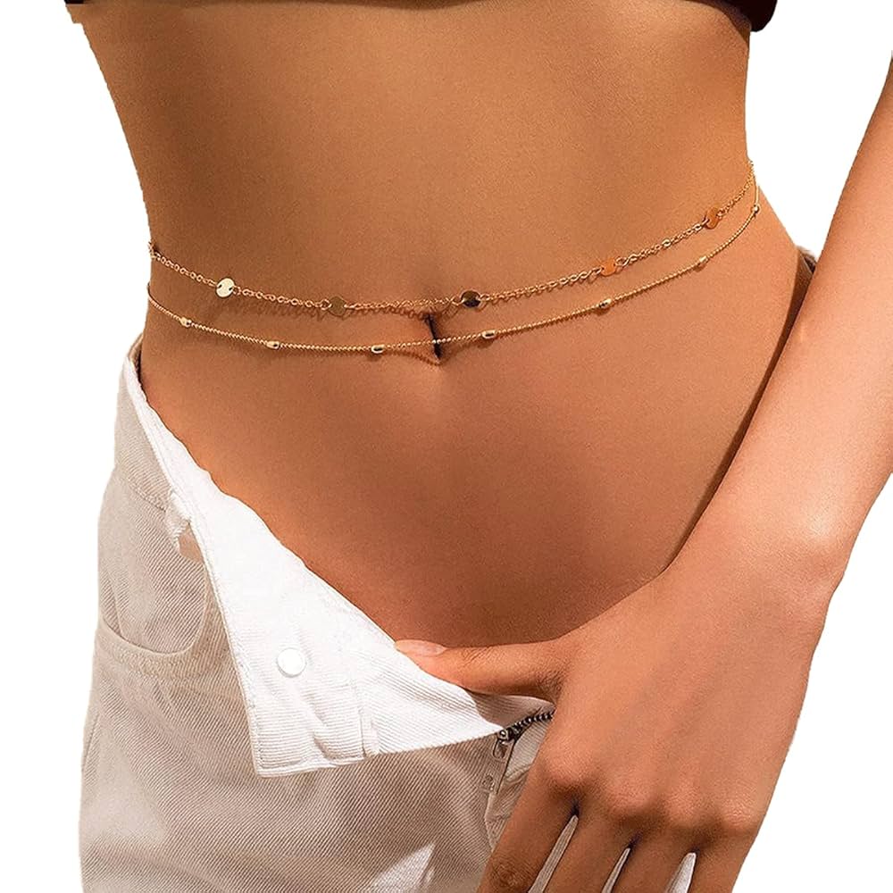Ladies Belt,Women Belt Womens Belly Body Costume Jewelry, Sexy Vintage Aesthetic Belly Chain Thin Beads Link Body Chain Waist Chain Belt Streetwear Summer Women Fashion Body Jewelry (Color : Gold, Siz :