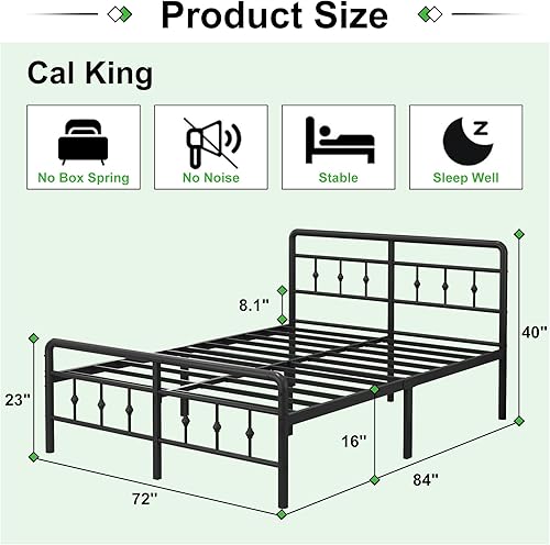 Miniatura 10 de EMODA Base de cama tamaño King de 16 pulgadas con cabecera tapizada y estribo de metal, base de colchón de soporte de listones de metal resistente,