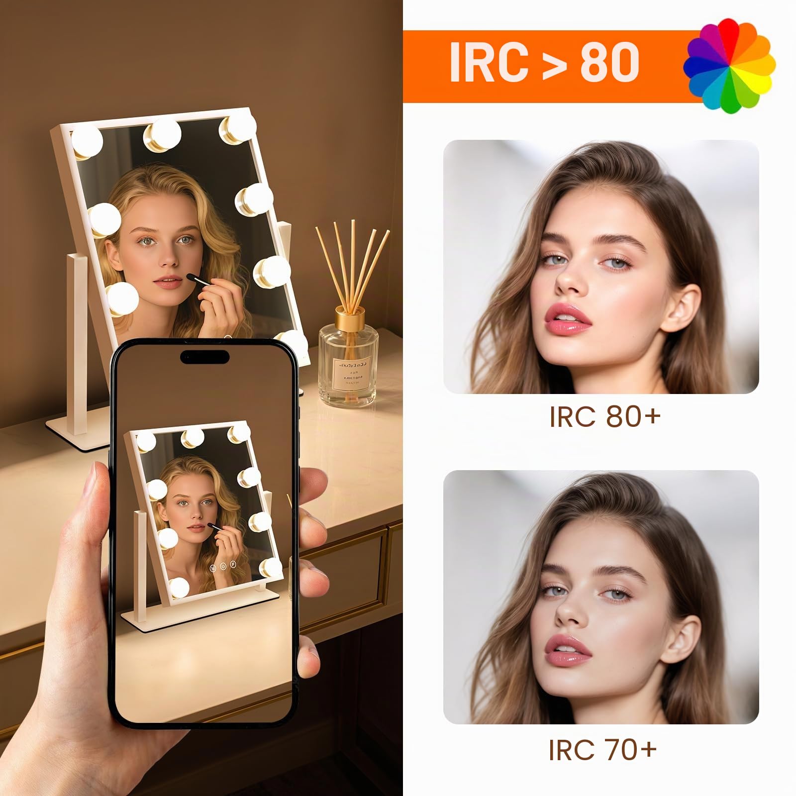 Miroir de Maquillage Hollywood avec éclairage LED 9 LED - Miroir vanité - Rotation 360° 3 Modes - Miroir de Coiffeuse Tactile