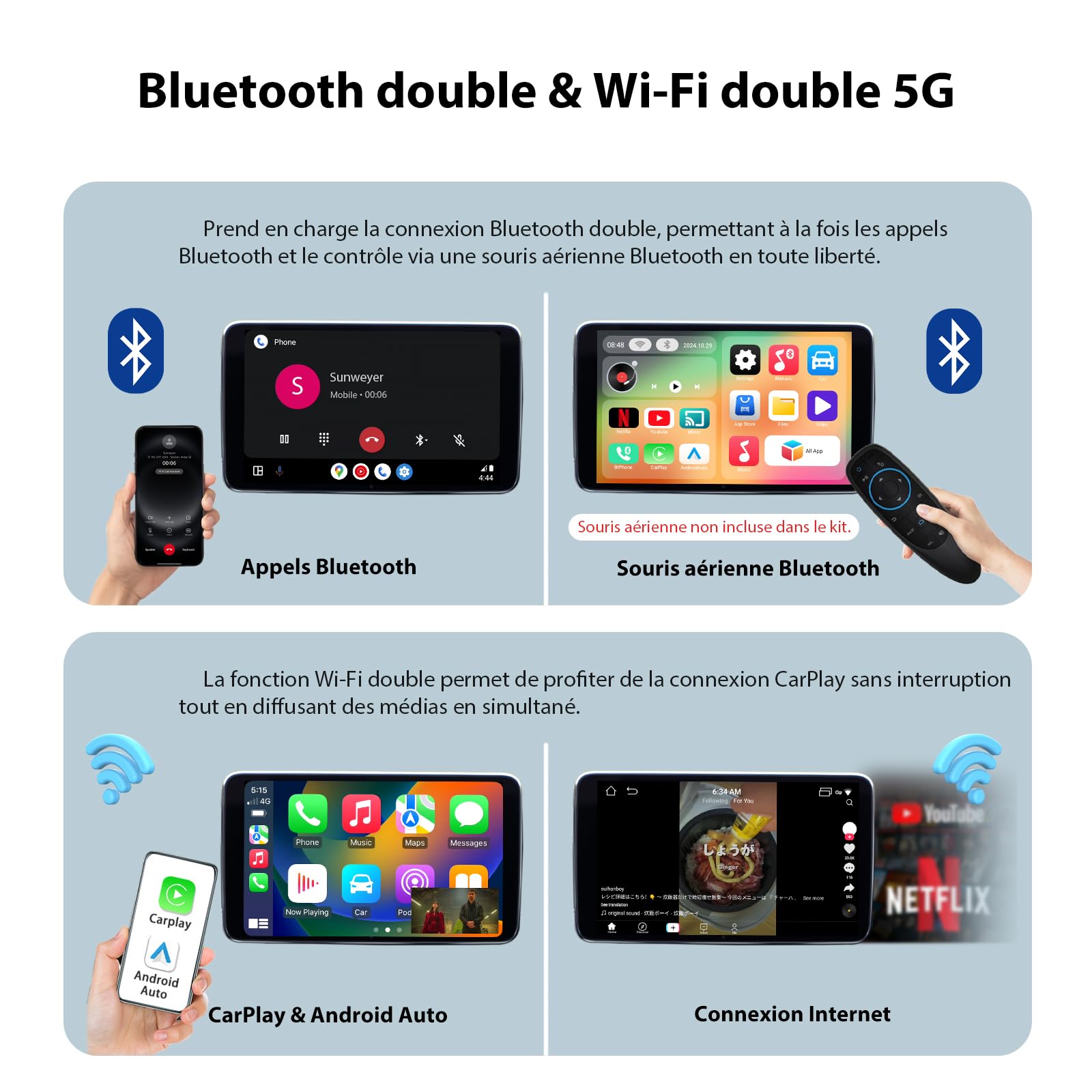 Sunweyer Adaptateur sans Fil CarPlay 2025 Android Auto Streaming Box SW12 avec Netflix, Youtube, Hulu, Installation de l'application – AI Box, Dual WiFi, HDMI, lumière d'ambiance LED (SW12 Pro)