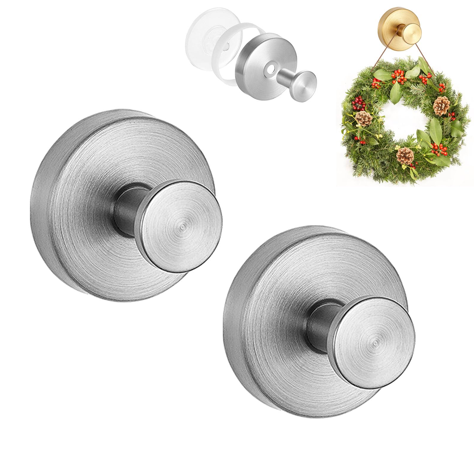 Yaepoip 2Pack Suction Cup Hooks for Wreaths on Glass, Suction Cup Hooks for Door Wreaths, No Drill Hooks Wreath Hanger for Front Door (Silver)