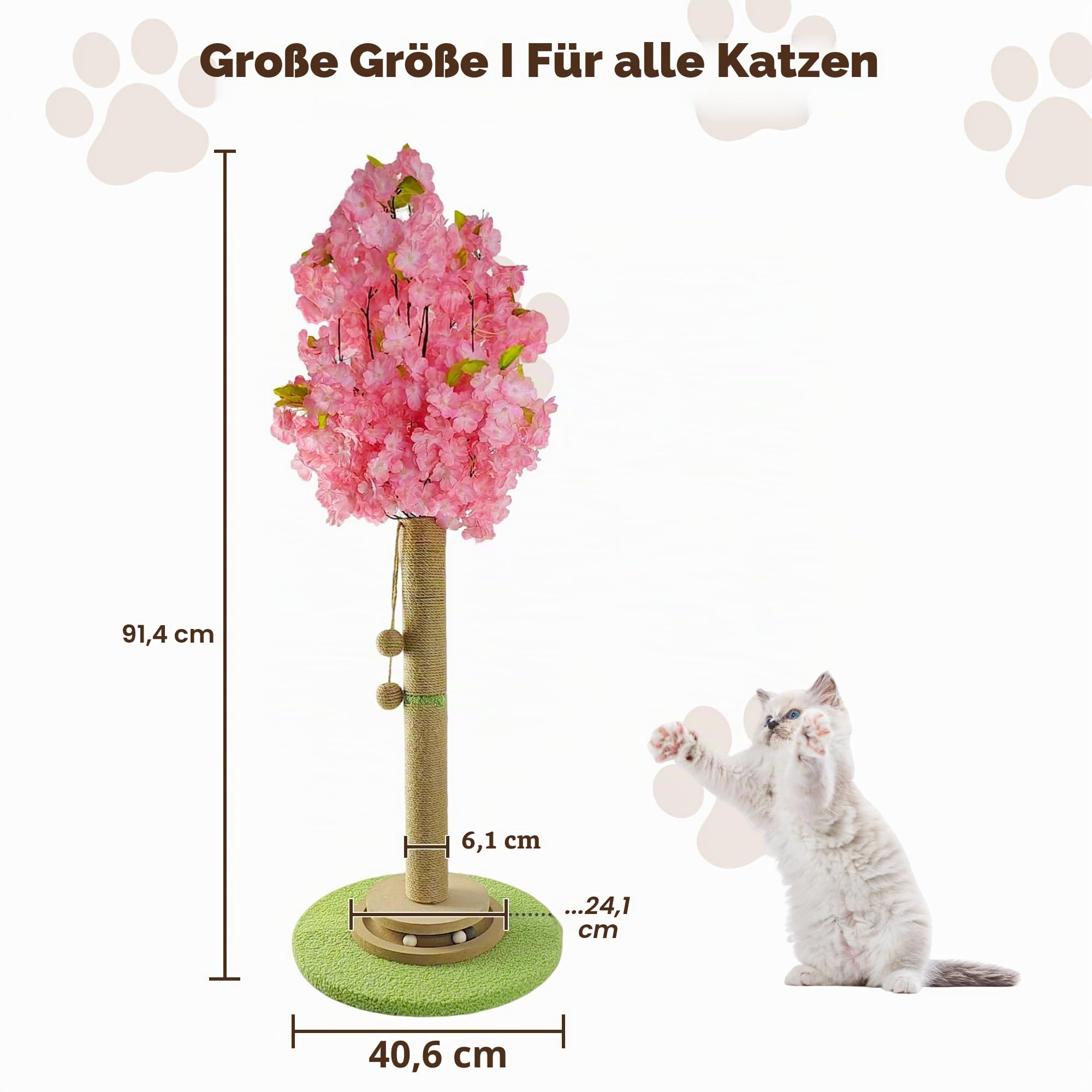 Kirschblüten-Kratzbaum, 91 cm hoch, natürlicher Sisal, stabile Basis, Turm mit interaktivem Trackball-Spielzeug für Indoor-Kätzchen und große Katzen, japanische ästhetische