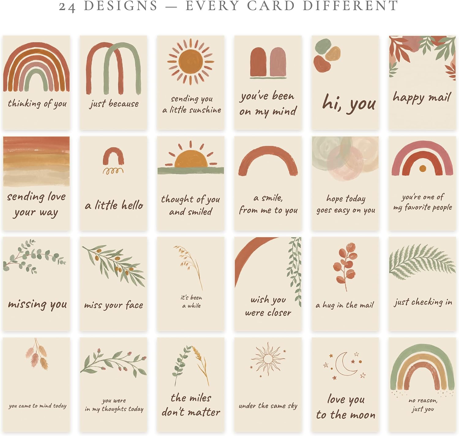 Hat Acrobat 24 Thinking of You Cards with Envelopes - 24 Unique Modern Boho Designs, Warm Earth Tones, Short Starter Line Inside, Just Because Assortment image 3