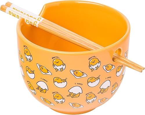Silver Buffalo - Cuenco con palillos para arroz, fideos o ramen, de cerámica, modelo I can't de Gudetama (el perezoso huevo amarillo), de Sanrio,