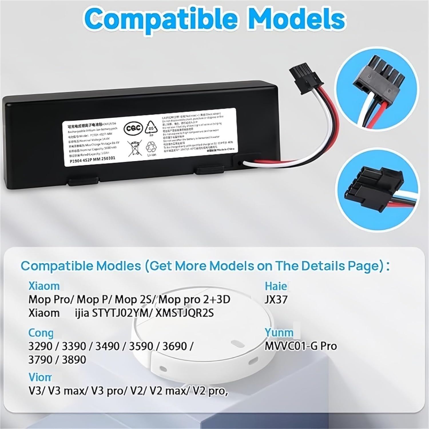 5600mAh 14.4V Battery,Compatible For Xiaomi, Mop, Mop 2s, Mop Pro,Compatible For Conga, 3290 3390 STYTJ02YM,Compatible For Xiaomi, Robot Vacumm(14.4v 2600mAh 1pcs)