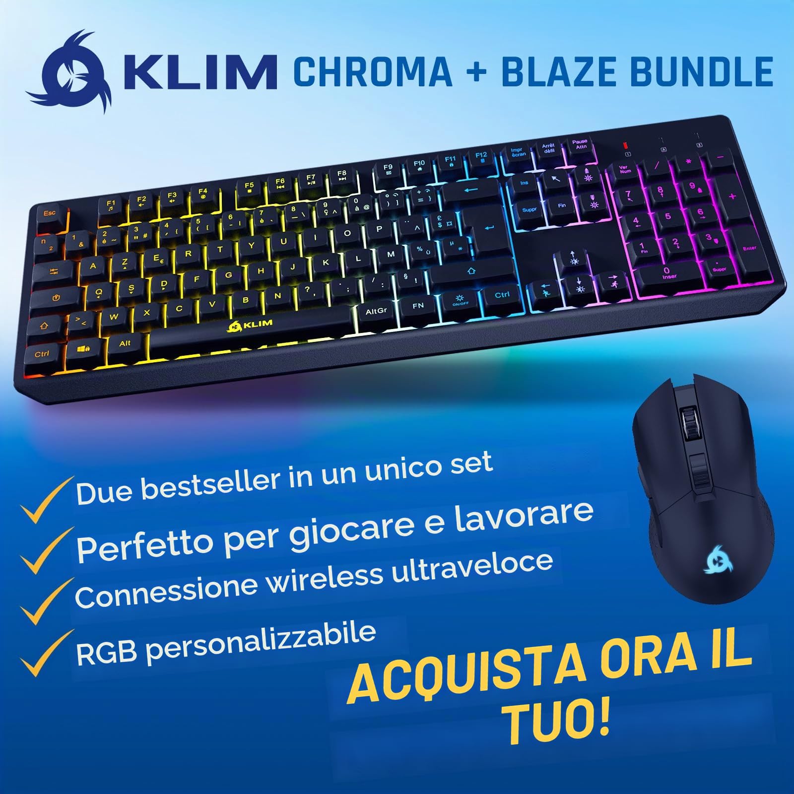 Chroma Fr RGB Set Wireless Blaze Azerty France Layout, Resistente | Pacchetto Tastiera e Mouse da Gioco Senza Fili, Ergonomico, Console, 2 Dongle per Prestazioni Migliori, Versione Esclusiva