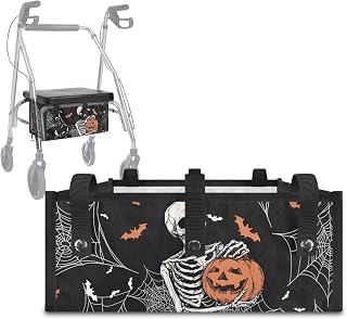 Skull Funny Face Pumpkin Walker Baskets for Rolling Folding Foldable Walker Storage Bag with Big Capacity Rollator Bag Halloween Decorations
