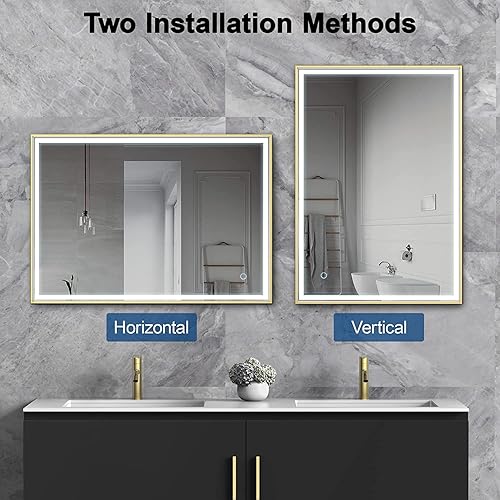 Miniatura 9 de Espejo de baño con iluminación LED, marco de metal negro, espejo de tocador de baño con 3 colores y antiniebla, 28 x 36 pulgadas