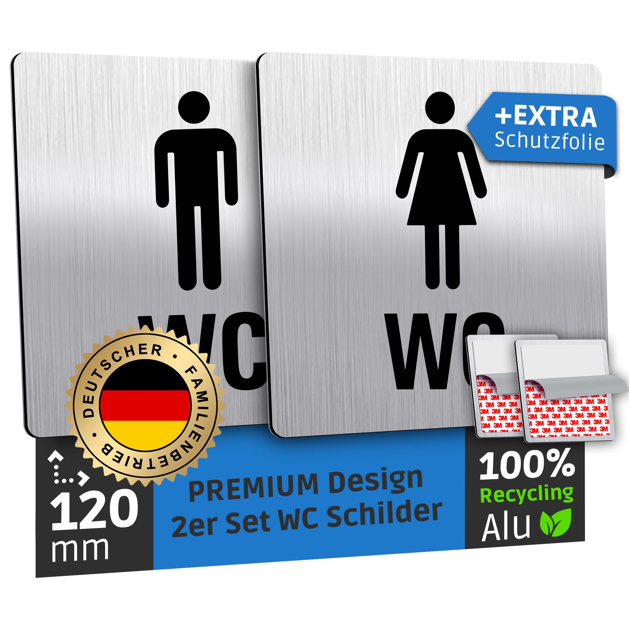 SCHILDERBOXX® WC Schild Selbstklebend - 2er Set Toilettenschild Damen und Herren [12x12cm, 100% Alu, 3M Tape] – Türschild Toilette Aufkleber Tür, Gäste WC-Schilder, Toilettenschilder