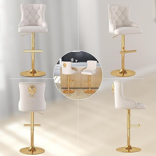 Miniatura 9 de Juego de 2 taburetes de bar de terciopelo con anillo de tracción de león para encimera de cocina, taburetes de bar tapizados con cabeza de clavo,