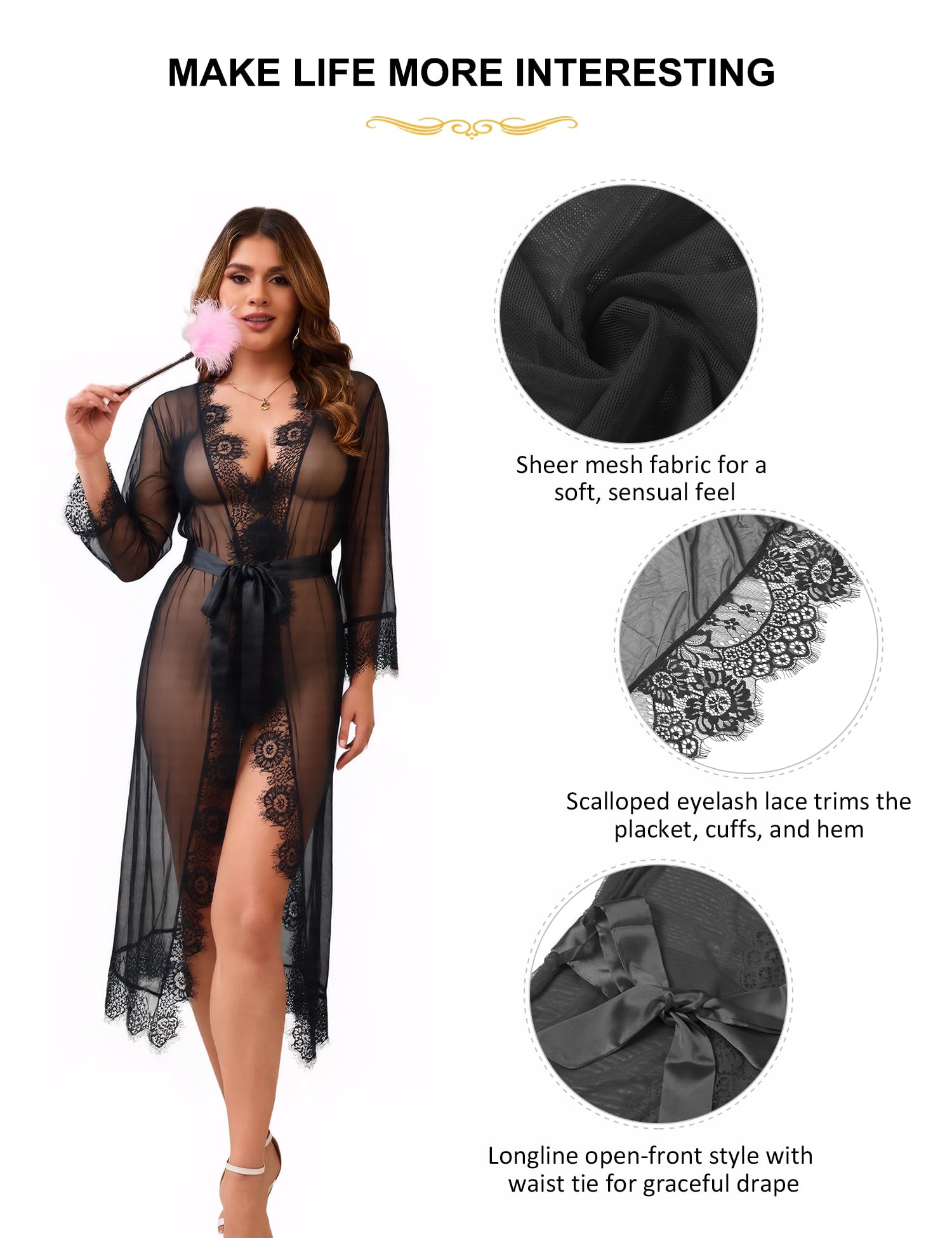 Robe Kimono Nuisette Longue Transparente Peignoir Dentelle Femme Sexy Grande Taille Robe de Chambre Chemise de Nuit Manches Longues avec Ceinture Lingerie Sexy Hot Chaude XS-4XL