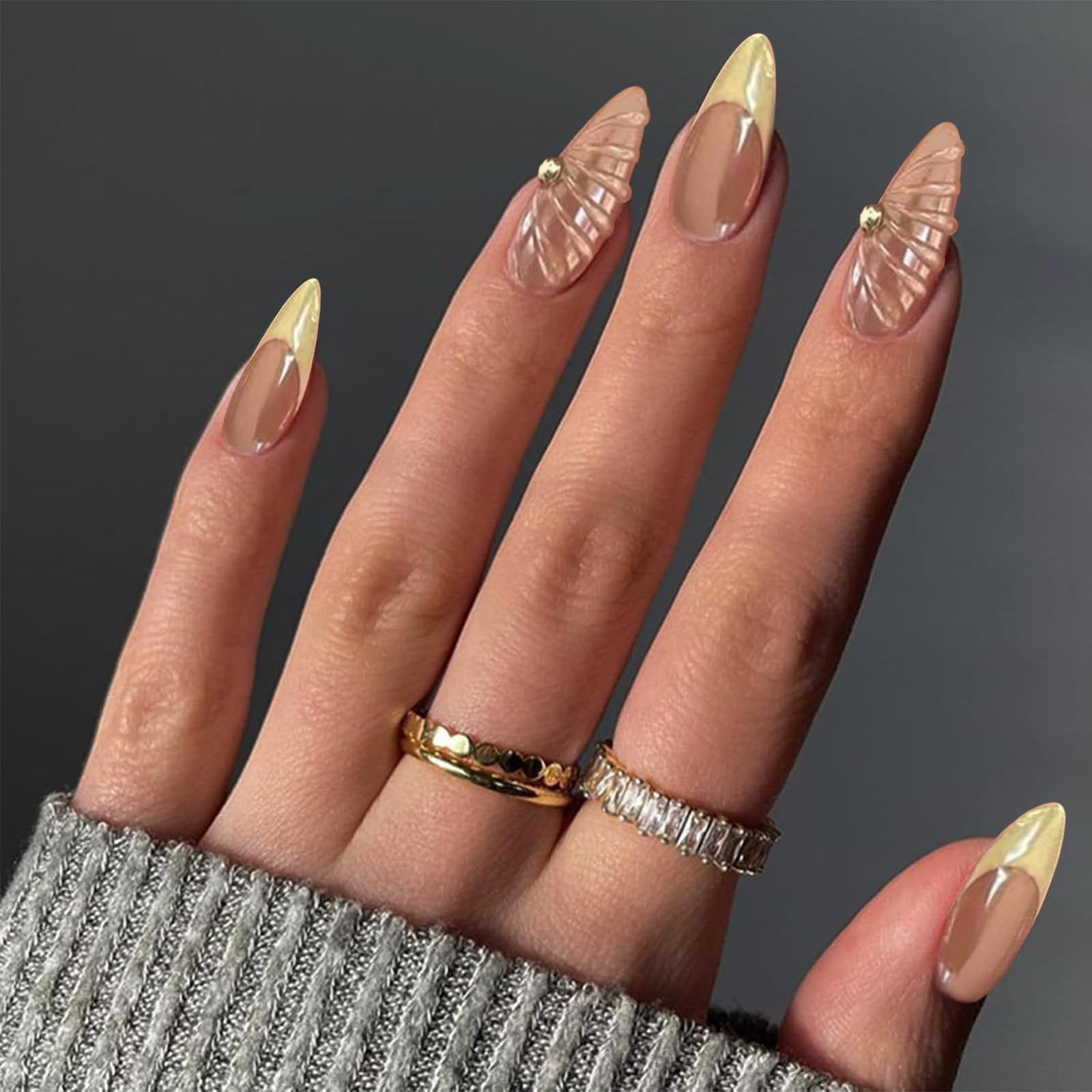 Kotkiddy 24 sztuki French Tip Press on Nails żółte średnie migdały 3D muszle linie sztuczne paznokcie z kamieniami jubilerskimi wielokrotnego użytku laserowe paznokcie akrylowe