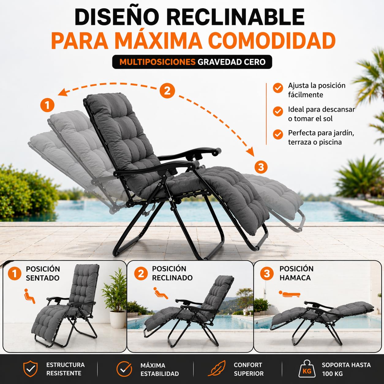 TIENDA EURASIA – Pack 2 Tumbonas Plegables y Reclinables para Jardín | con Cojín y Reposacabezas | Estructura de Acero | Color Negro | hasta 100 kg | Exterior, Terraza y Piscina