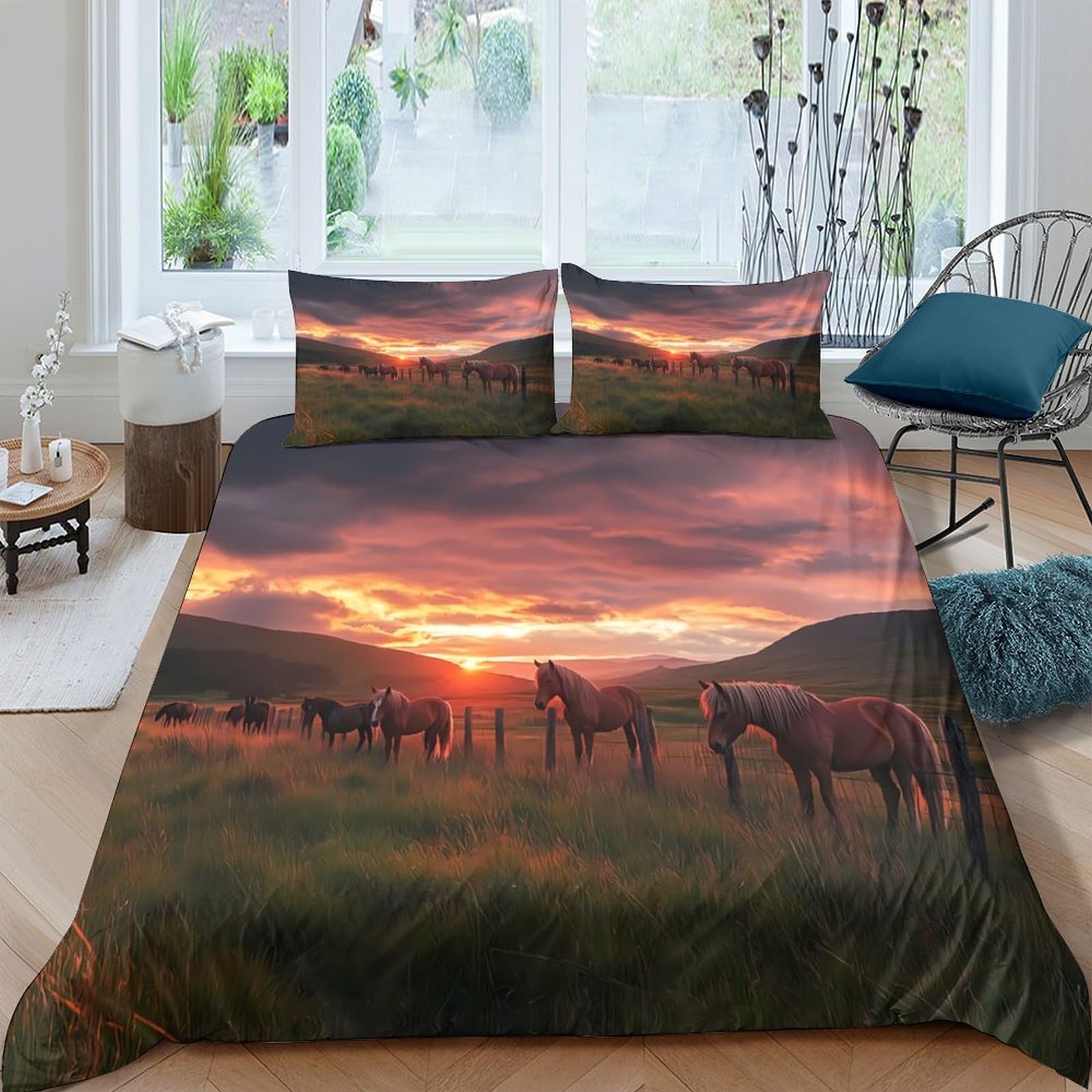 Ctjqhvkz Style-3 3D Printed Sunset Meadow Fitted Sheet Microfiber Soft Horses Landscape Mattress Cover Bedroom Decor Single（135X200cm）