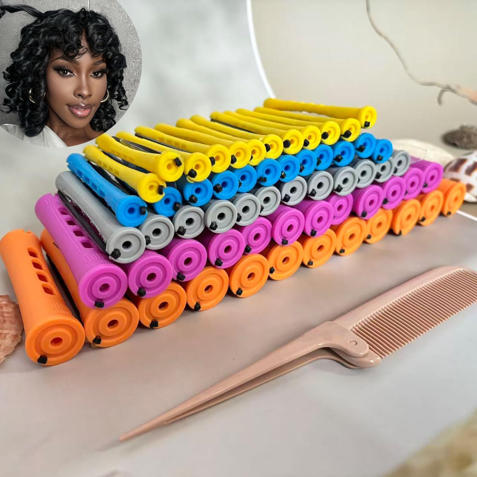 72pcs Perm Rods Set for Natural Hair - Plastic Cold Wave Rods Hair Rollers Curling Rod for Women DIY Hairdressing Tools（Orange+Purple+Gray+Blue+Yellow）