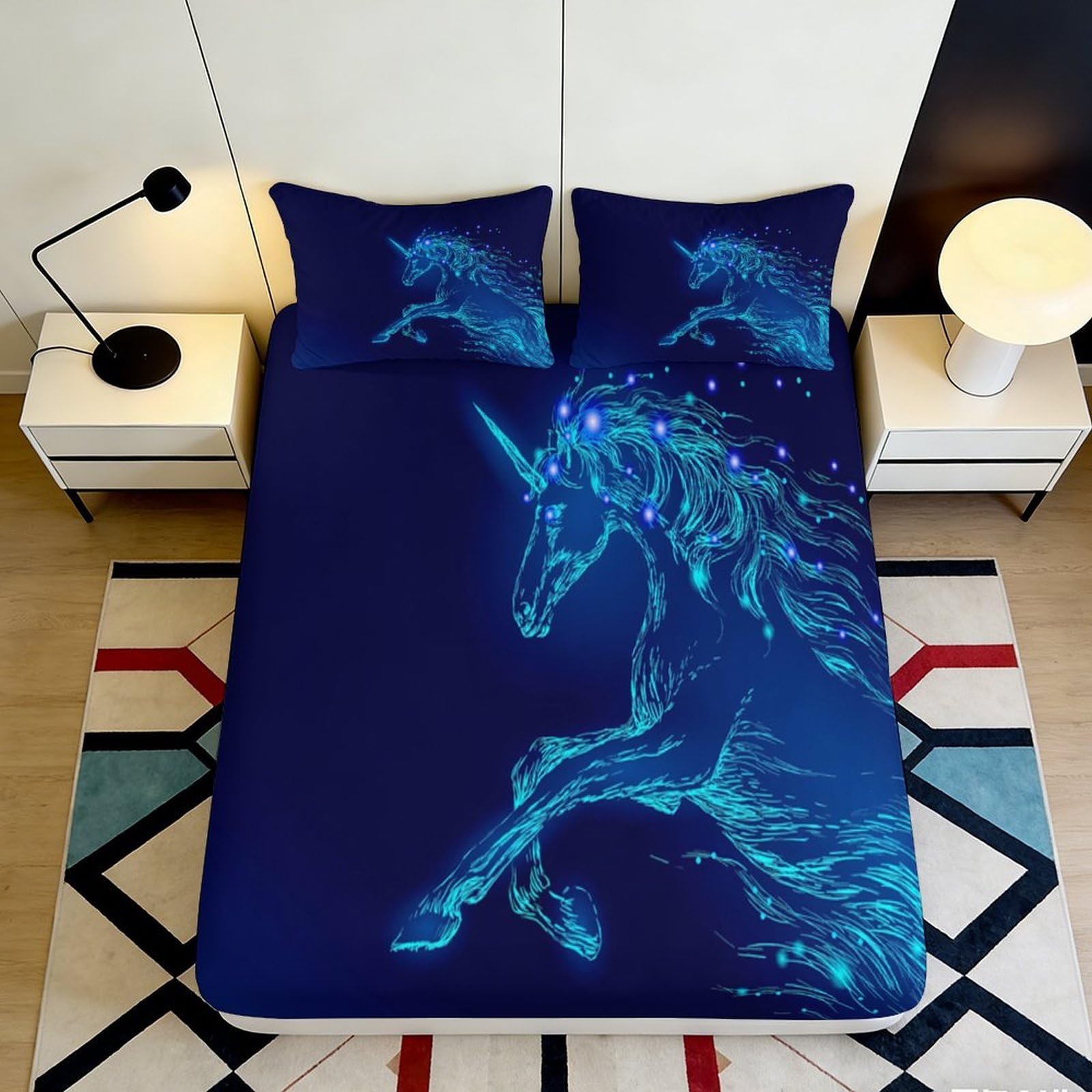 3D Printed Glowing Unicorn Fitted Sheet Microfiber Soft Breathable Neon Equine Bed Cover for Bedroom Dormitory Guest Room Mattress Protection Decor 120x200x25cm