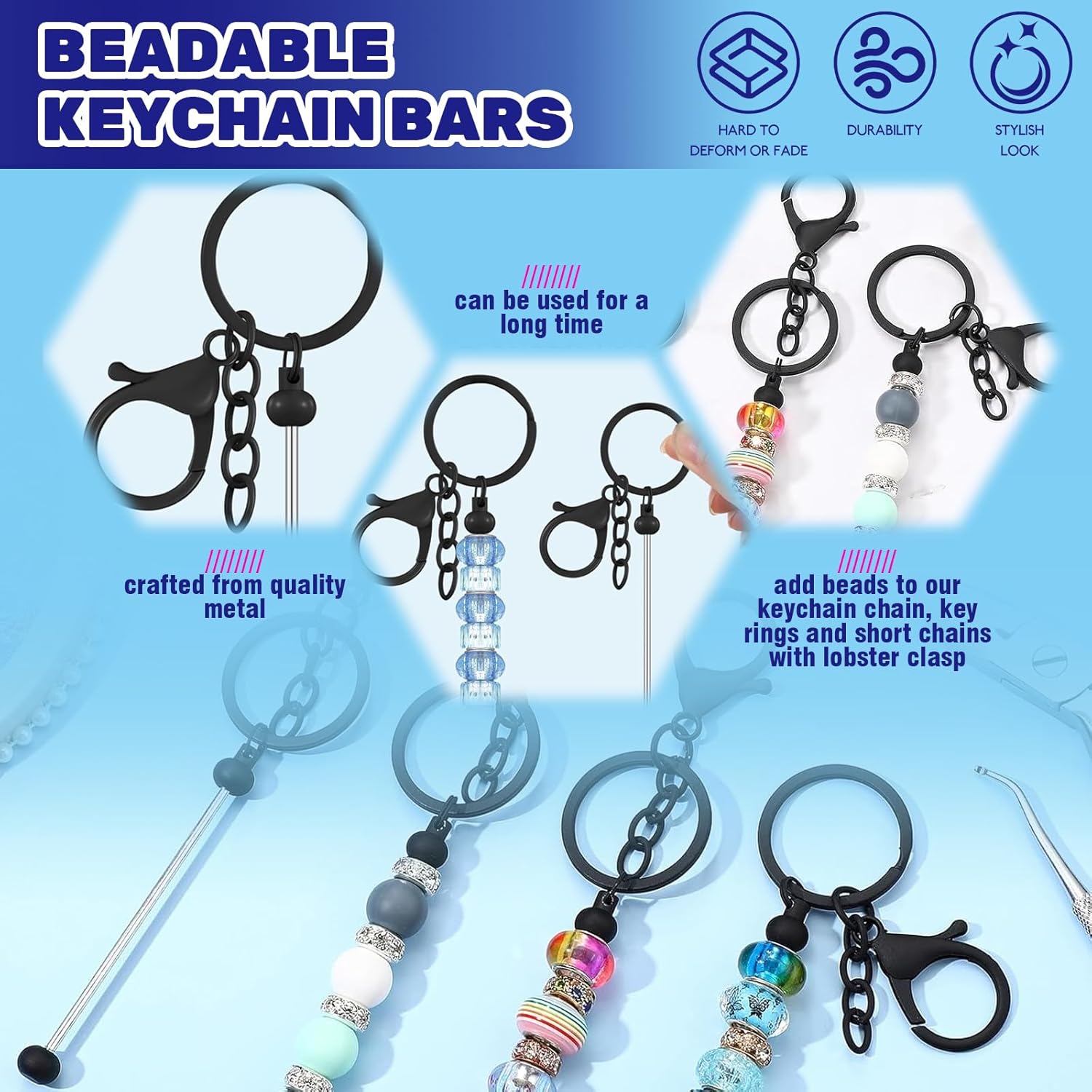 Waltool 165 Pcs Keychain Making Set Contains 15 Colors 12mm 15mm Silicone Loose Beads, Blanks Beadable Keychain Bars Key Chain Accessories Bulk for Keychain Jewelry Pendant DIY Crafts Gift