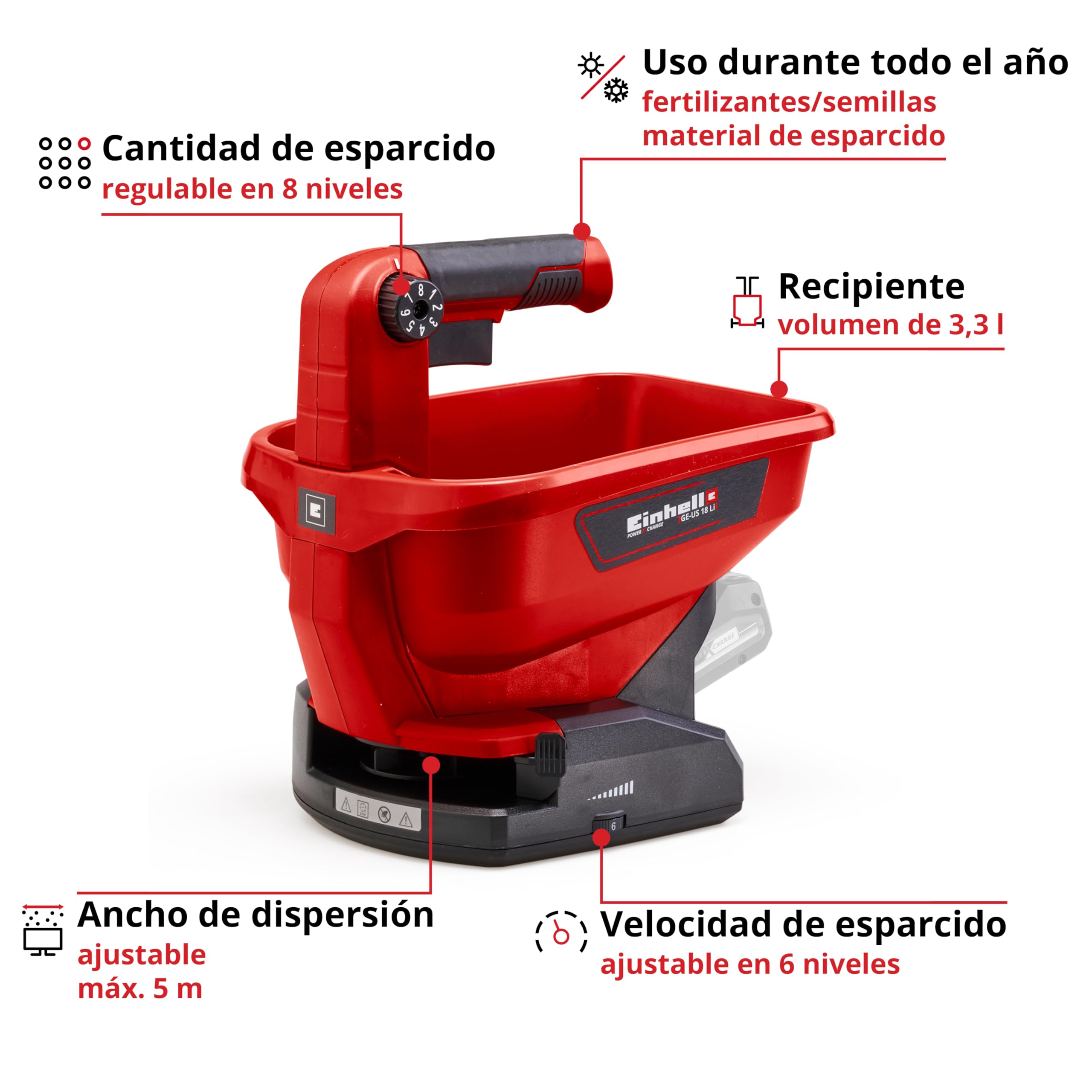 Einhell Esparcidor universal - GE-US 18 Li-Solo Power X-Change - 3,3 L, control de velocidad de 6 pasos, 8 configuraciones de volumen de esparcimiento | PXC - Depósito de 3,3 litros | electrónica de velocidad de 6 etapas | 8 niveles de regulación de la di