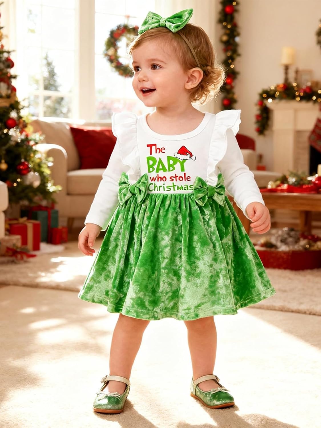 AMAWMW My First Christmas Baby Girl Outfit Ruffle Romper Dress Long Sleeve Bodysuit Headband Set Newborn Winter Clothes - Image 2