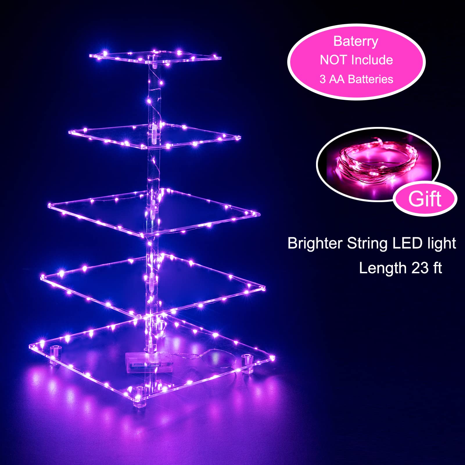 Soporte para cupcakes, soporte cuadrado de 5 niveles para cupcakes con cadena de luz LED, torre de acrílico para cupcakes, torre de postre, soporte de pastelería, soporte de nivel para