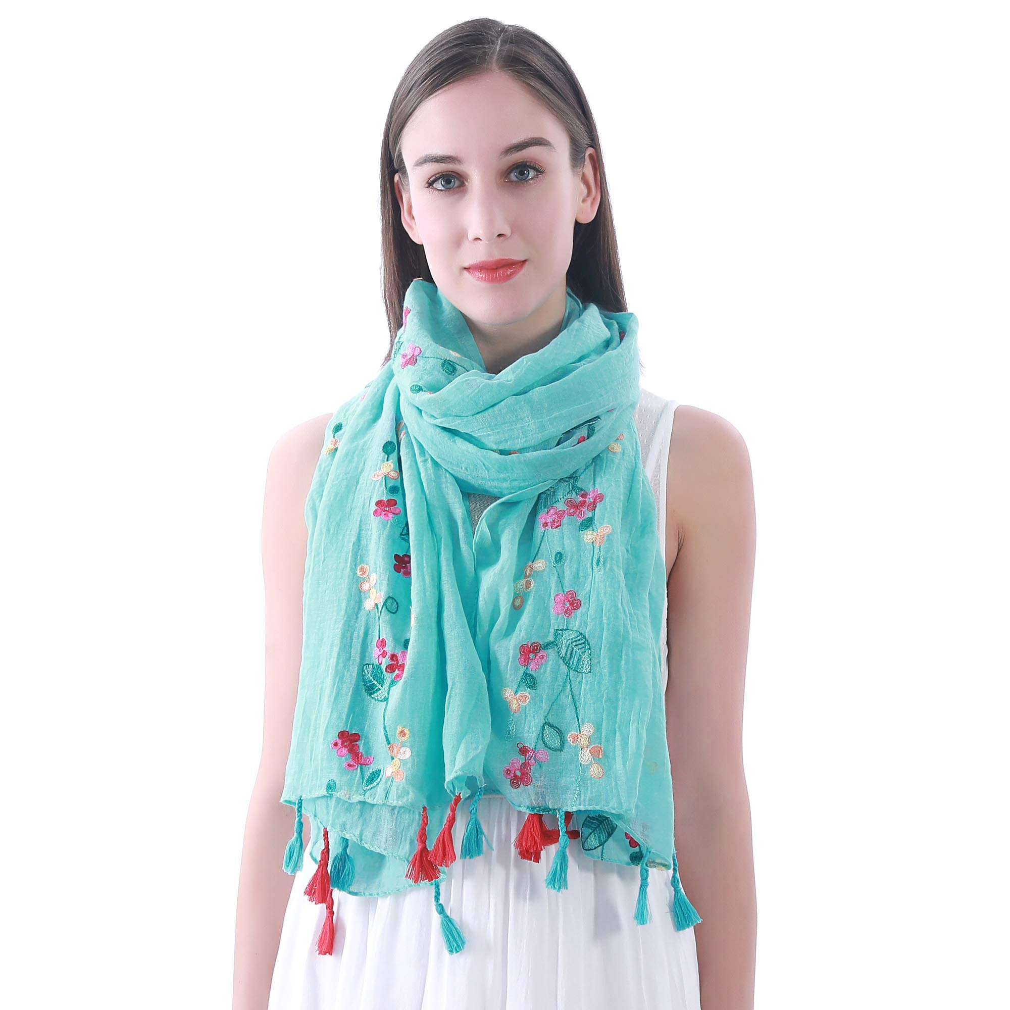 Lina & Lily Embroidered Floral Tassel Scarf Shawl Lightweight (Turquoise)