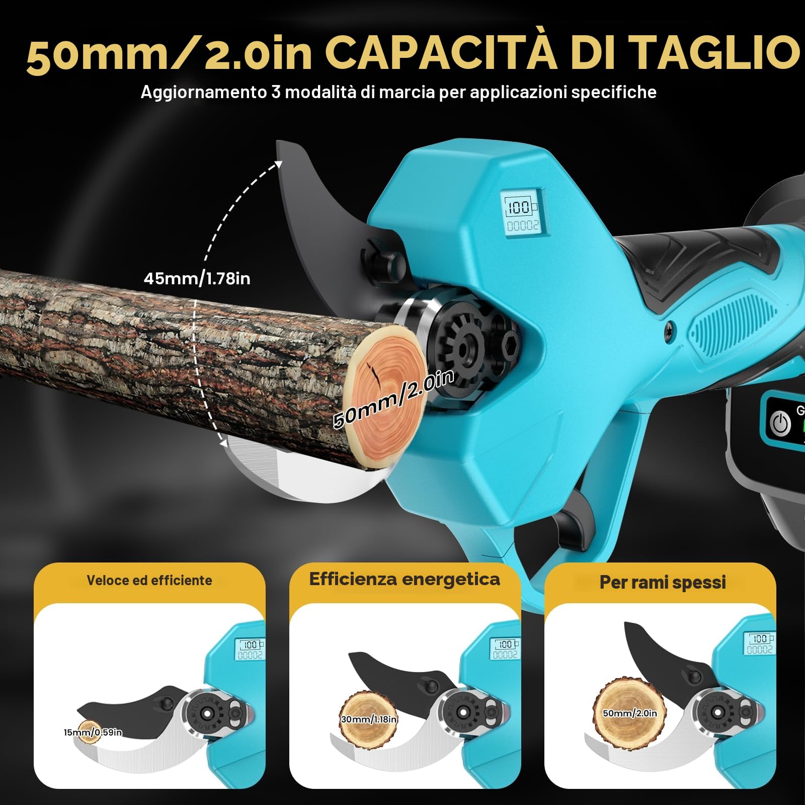 Forbici Potatura a Batteria, con Marsupio e Cavo di Prolunga, Apertura Massima Della Lama 50 mm, Batteria SK7 da 21V 2*2000mAh, Forbici da Potatura con Motore Brushless per Giardinaggio, Alberi Frutto