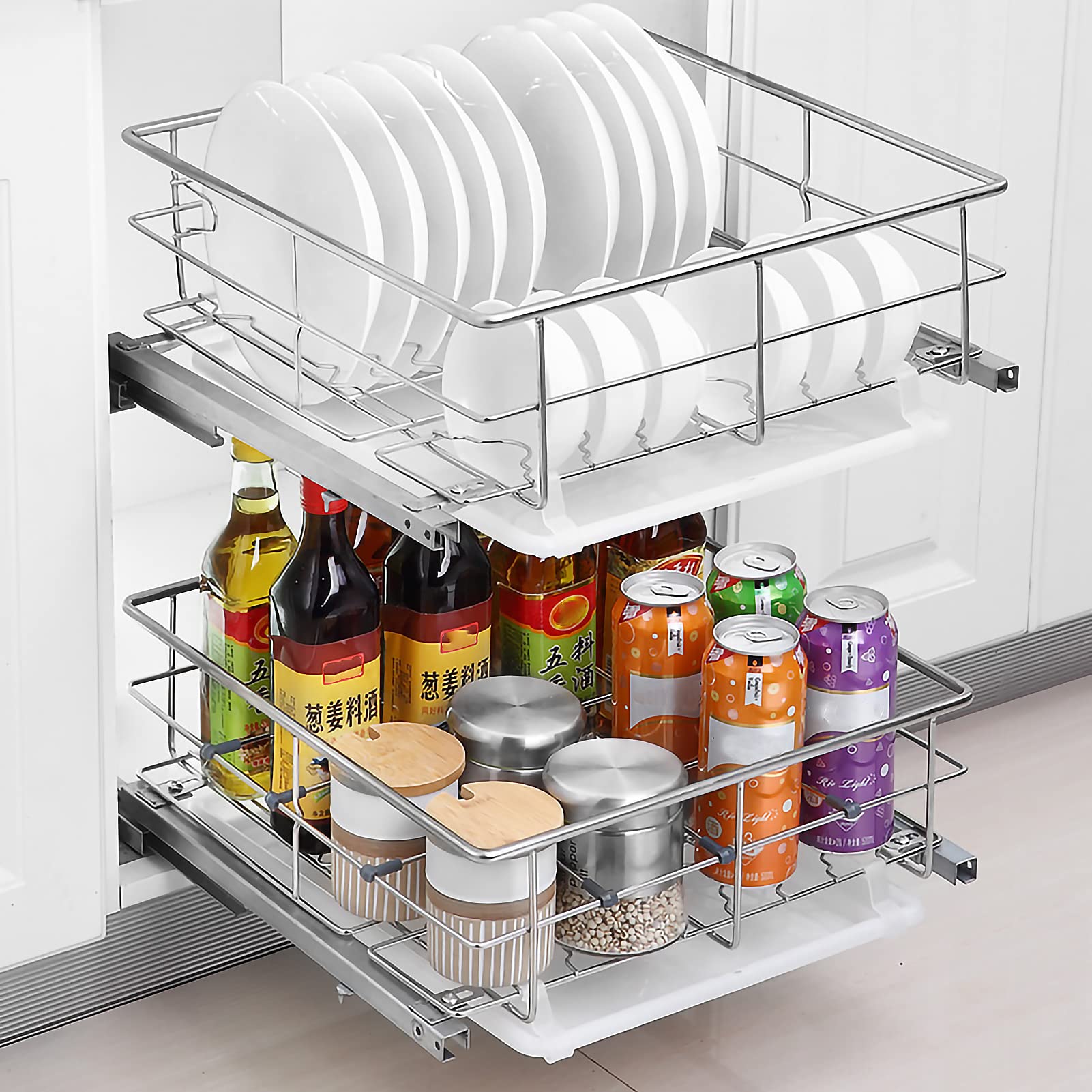 Cassetto Estraibile per Cucina, Organizer per mobiletto Estraibile Individuale a 2 Livelli per Cucina, portaspezie Estraibile per impieghi gravosi, cestello in Filo di Acciaio Inossidabile 3