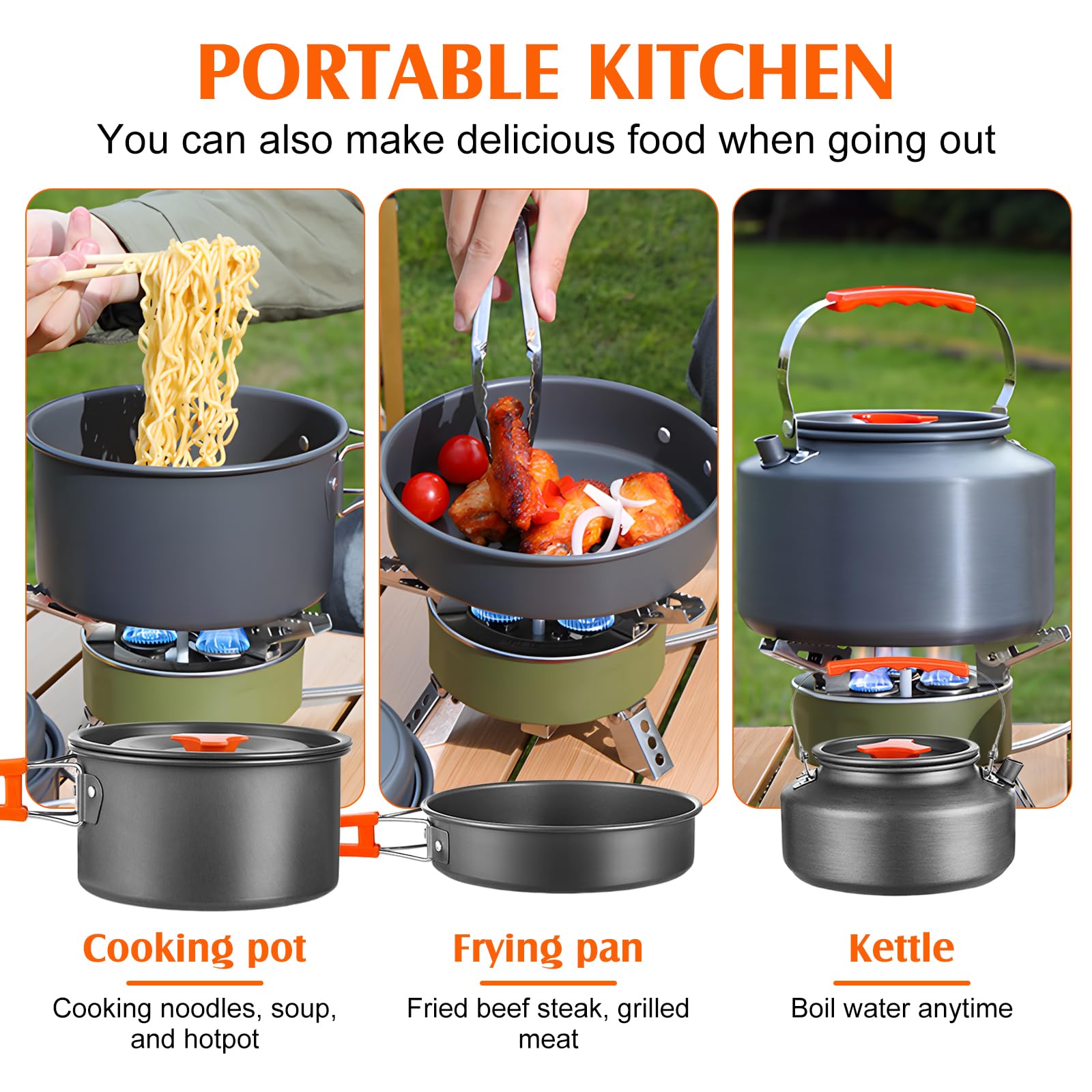 Camping Kochgeschirr Set, 10-teiliges Outdoor Geschirr Set, Kochtopf Set mit Camping Topf, Camping Bratpfanne und Teekannen für 3-5 Personen für Outdoor Kochen Wandern Picknick BBQ