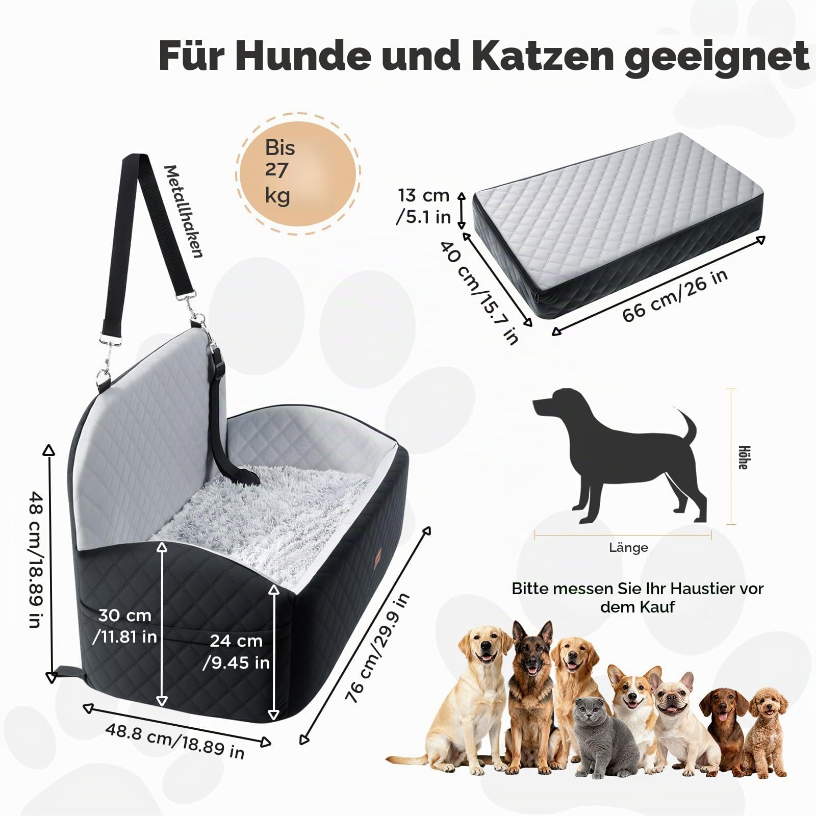 Gimars Wende-Hunde Autositz Mit Lang-/Kurzplüsch Sitzkissen Für Kleine/Mittlere Hunde Bis 27kg, Abnehmbar Waschbar rutschfest Hundesitz Auto mit 13cm 28D Egg-Crate-Schaum, Sicherheitsgurt, L
