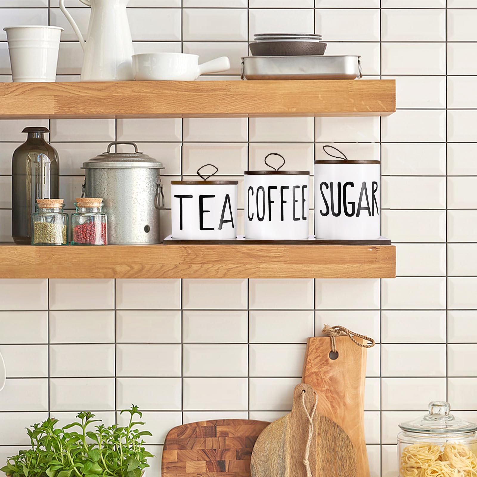 BTSKY Set di 3 contenitori da cucina in ceramica bianca – 3 misure ermetiche per zucchero, caffè, tè, con coperchio e vassoio in legno, barattoli per alimenti