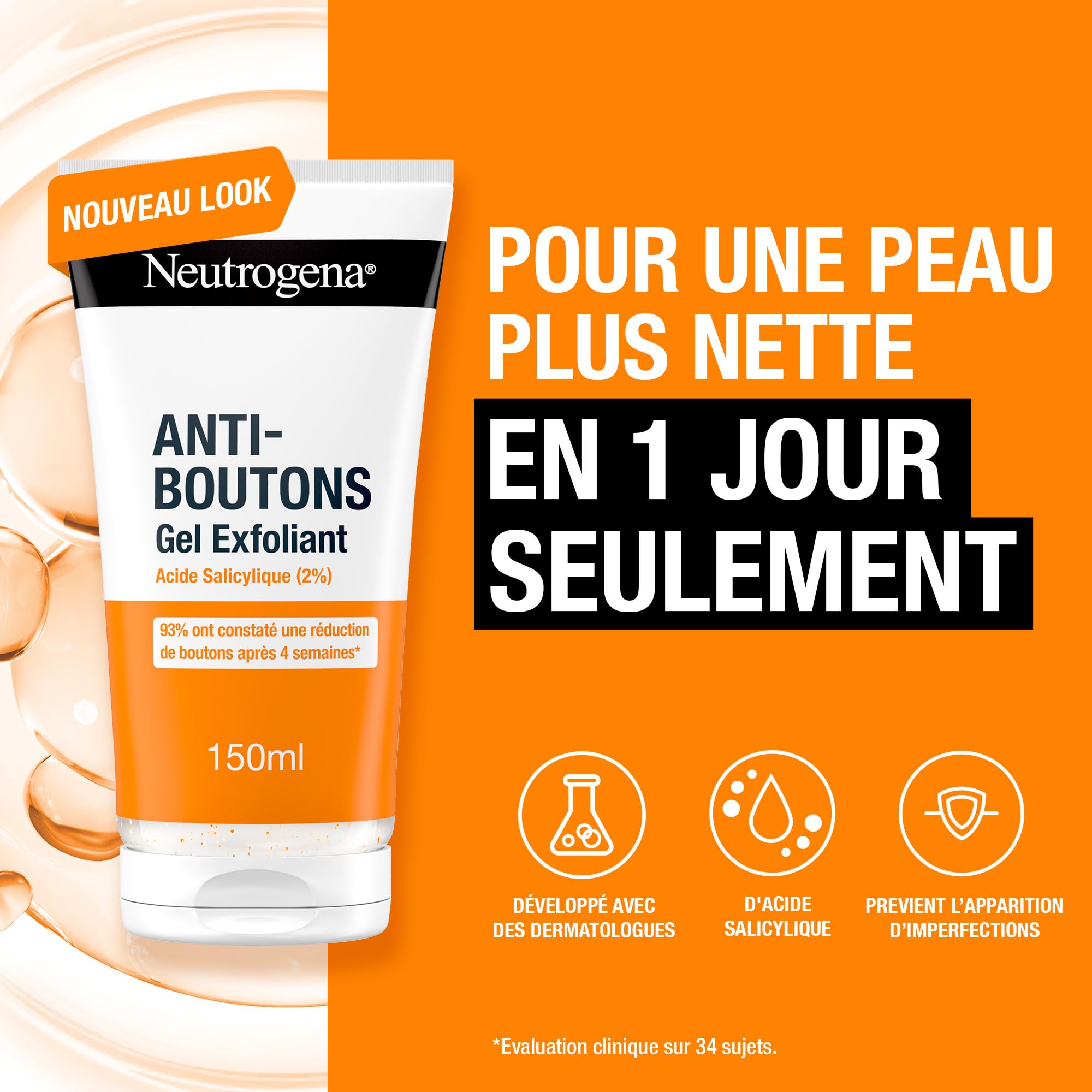 Neutrogena - Żel złuszczający przeciw pryszczom (tuba 150 ml) - Peeling do twarzy z kwasem salicylowym (2%) - 93% stwierdzono redukcję pryszczów po 4 tygodniach