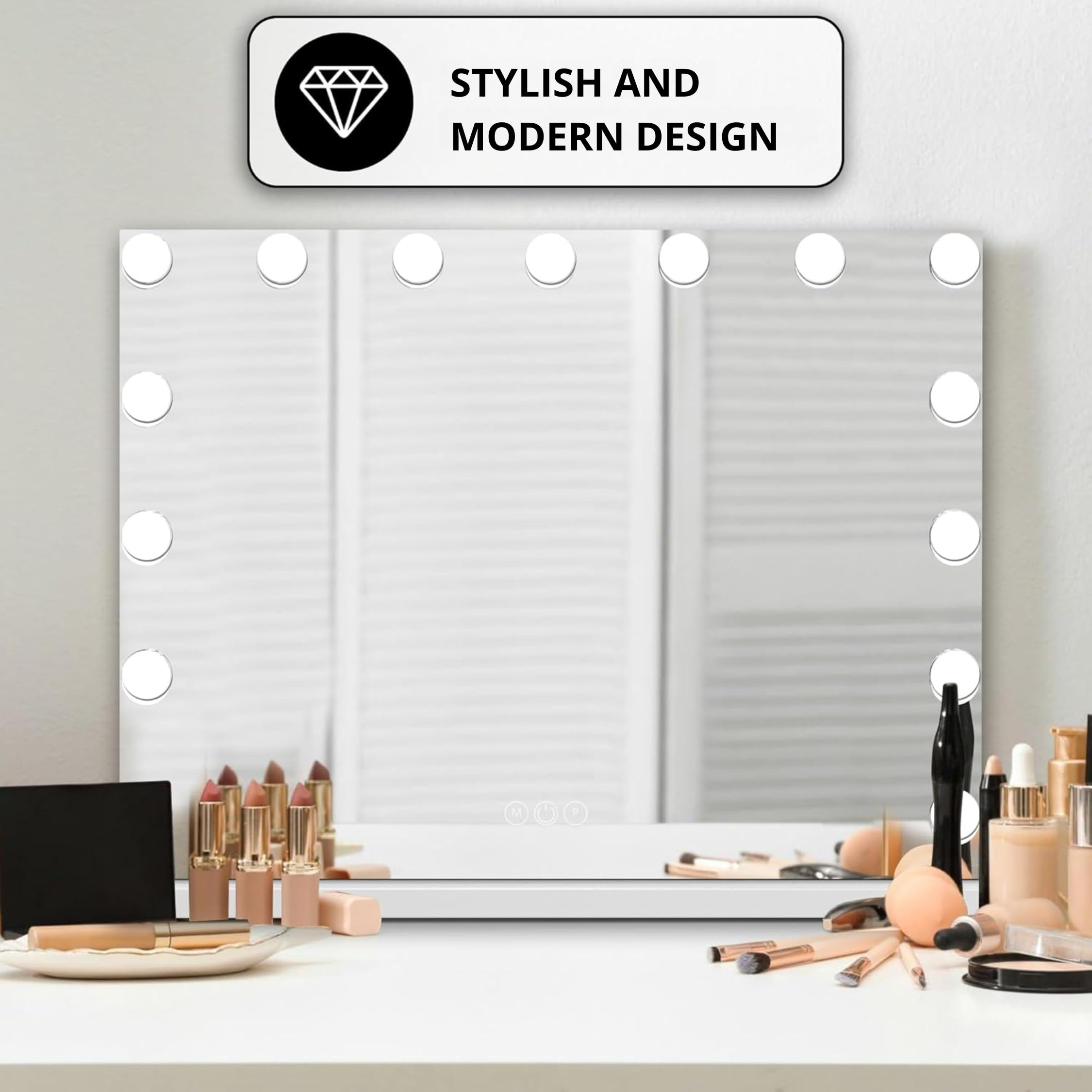 Bayt Specchio Trucco con luci LED – Specchio Hollywood bianco 58x46 cm con 15 lampadine dimmerabili, 3 tonalità di luce (calda, fredda, naturale), touch screen