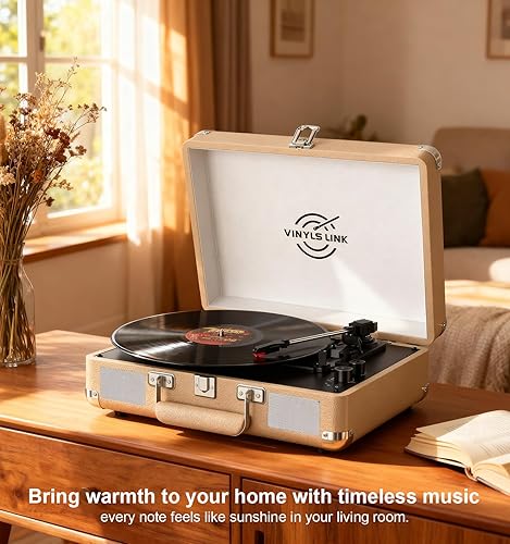 Miniatura 6 de VINYLSLINK - Tocadiscos de vinilo Bluetooth con ajuste de agudos y graves, maleta giratoria portátil vintage con altavoces integrados, transmisión