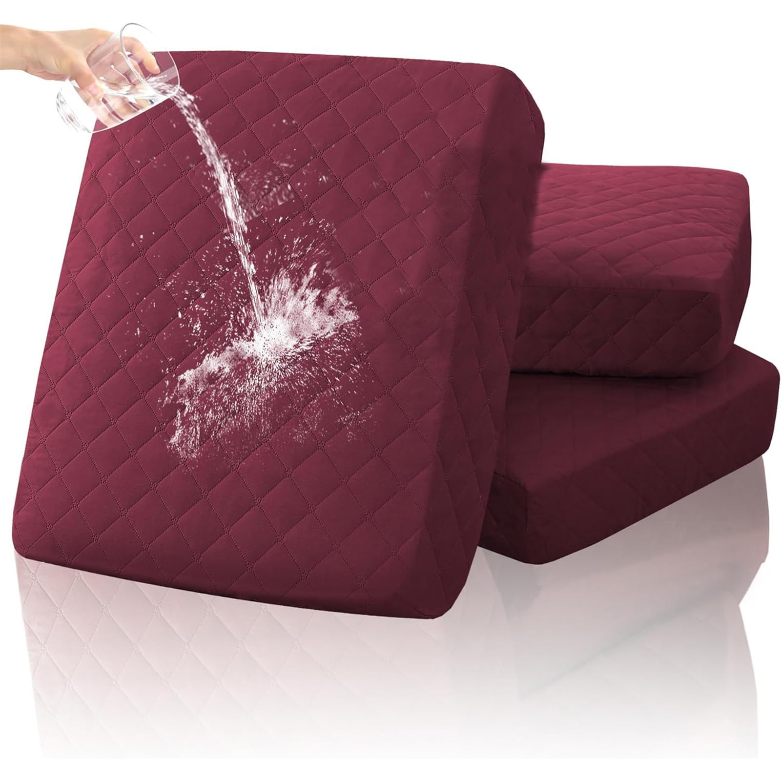 Waterproof Sofa Cushion Covers, Removable Sofa Couch Seat Covers with Elastic Bottom, Washable Furniture Slipcovers Protector from Thick Quilted Fabric (3 Pcs,Burgundy)