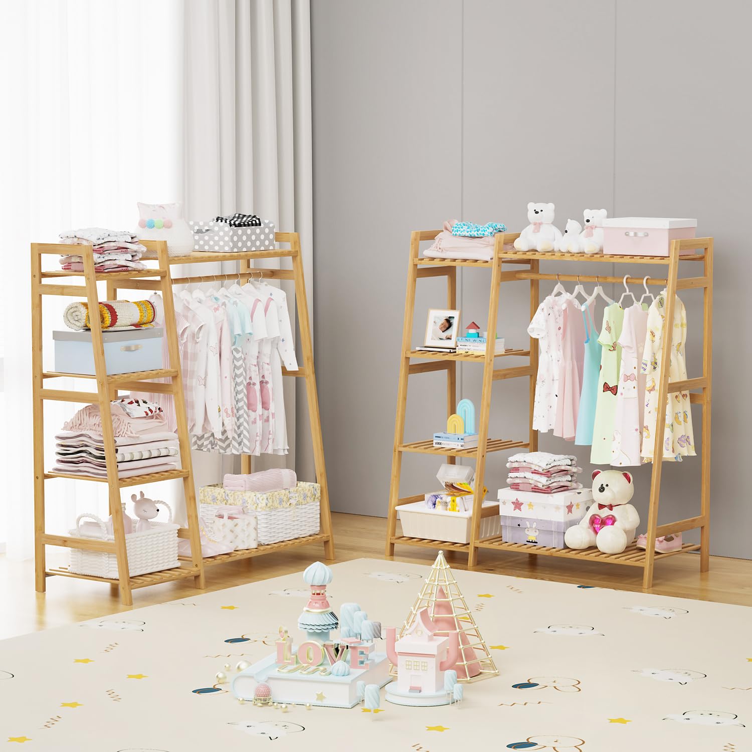 ハンガーラック キッズ 子供用 多段式 衣類収納 低め 竹製 かわいい 収納力 ハンガーラック キッズ 子供用 多段式 衣類収納 低め 竹製 かわいい
