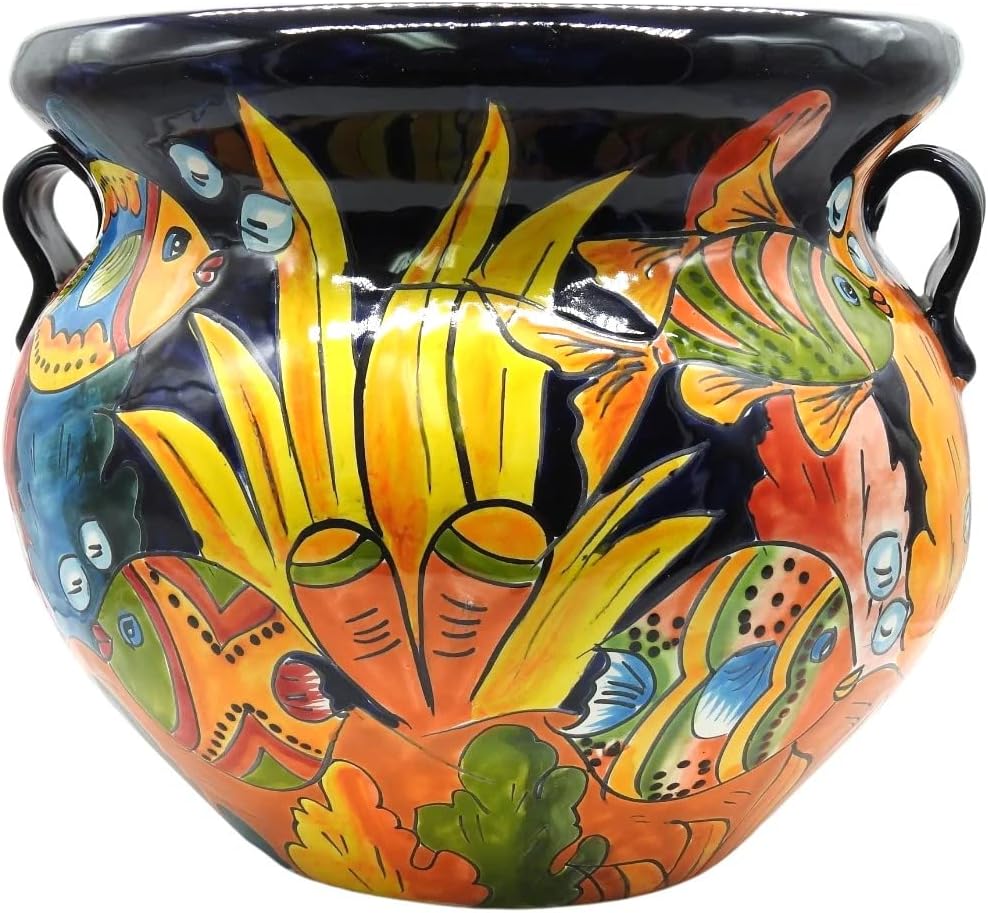 Michoacana Planter Medium Hand Painted Pot Indoor Outdoor Multi Colored Glazed Dark Blue Fish