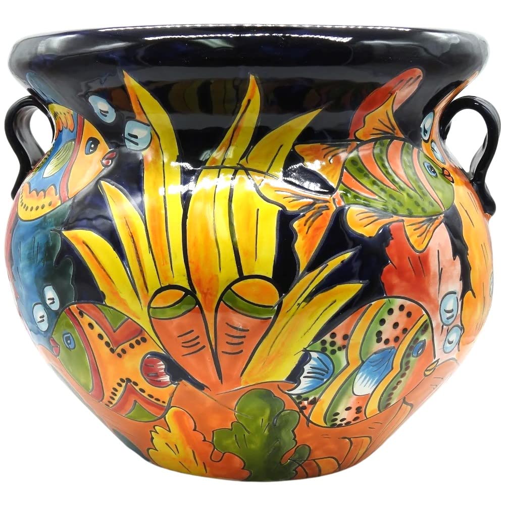 Talavera Pottery Store Michoacana Planter Medium Hand Painted Pot Indoor Outdoor Multi Colored Glazed Dark Blue Fish