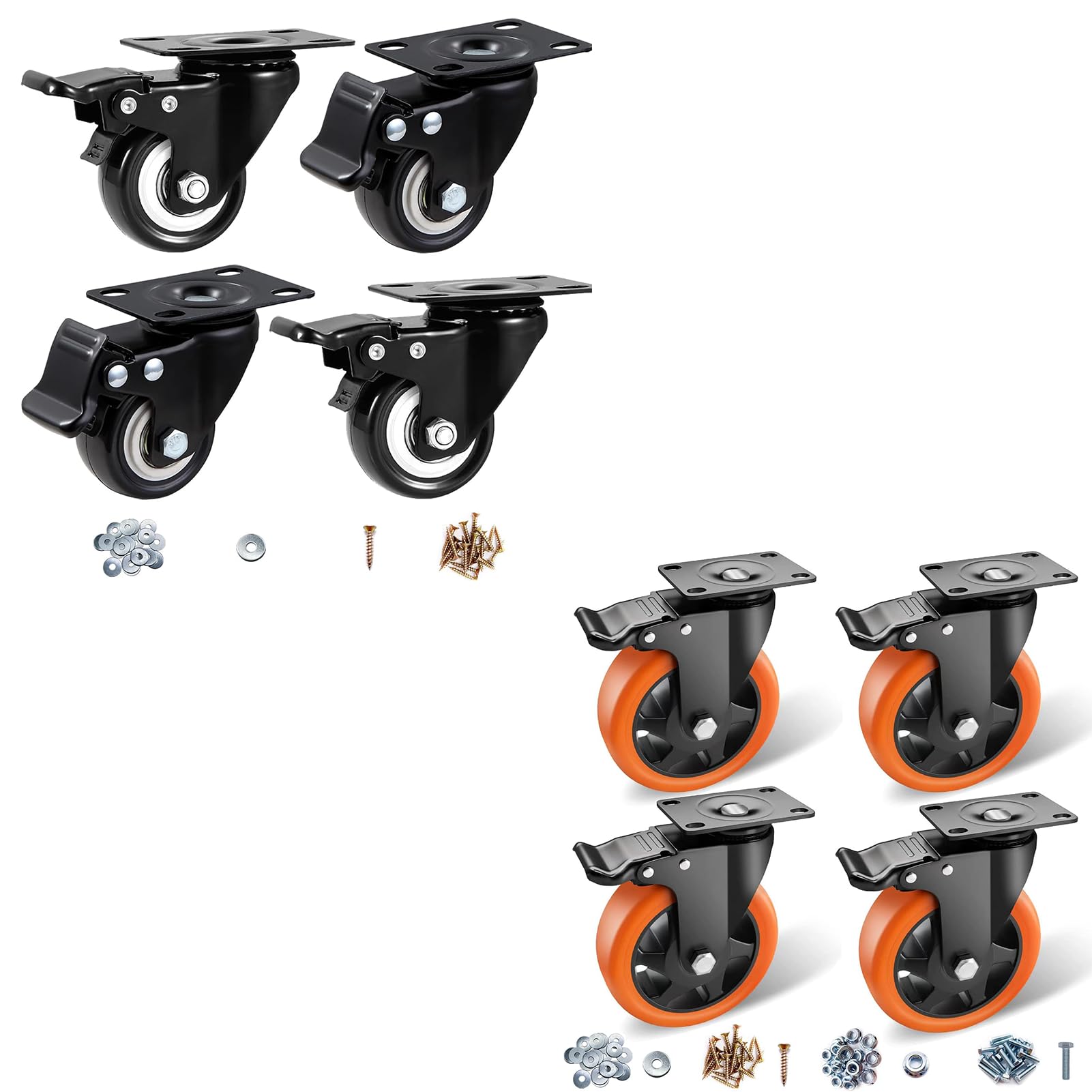 Lenkrollen-Set, 4er-Packung, 5" orange & 4" schwarz, Schwerlastrollen aus Polyurethan, schwenkbare Rollen mit Montageplatte, 8er-Pack Industrierollen mit Bremse, feststellbare Rollen für Möbel und W