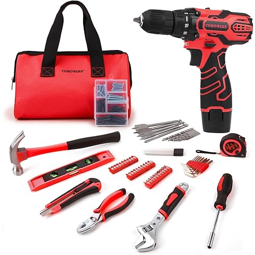 COMOWARE Home Tool Kit with Drill, 169PCS Household Tool Kit with 12V Cordless Power Drill, Home Repairing Tool Power Drill Sets with Red Storage bag for DIY Home Maintenance