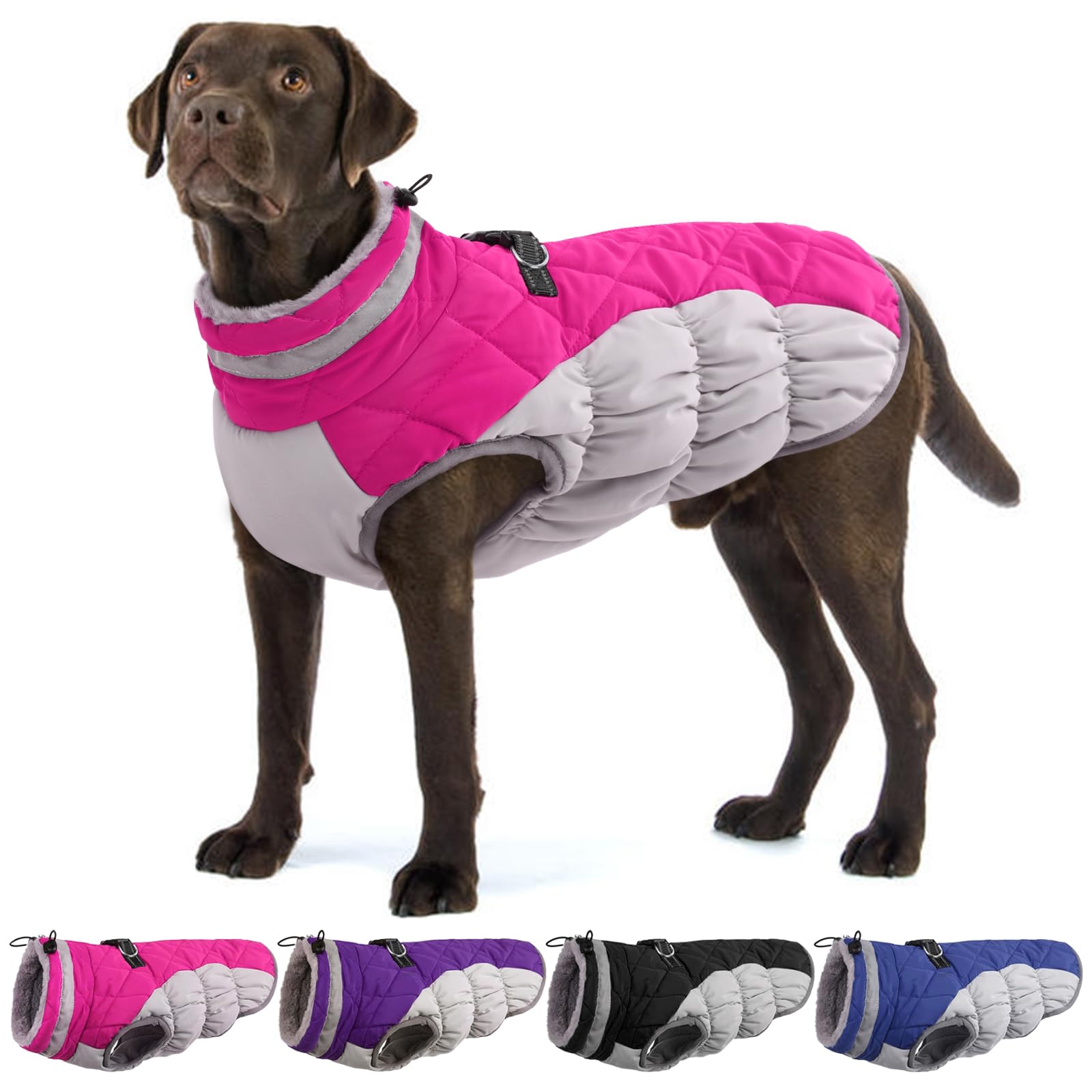 OUOBOB Dog Winter Coat With Built-in Harness - Large Waterproof Jacket, Reflective Snowsuit, Windproof Puffer 2XL