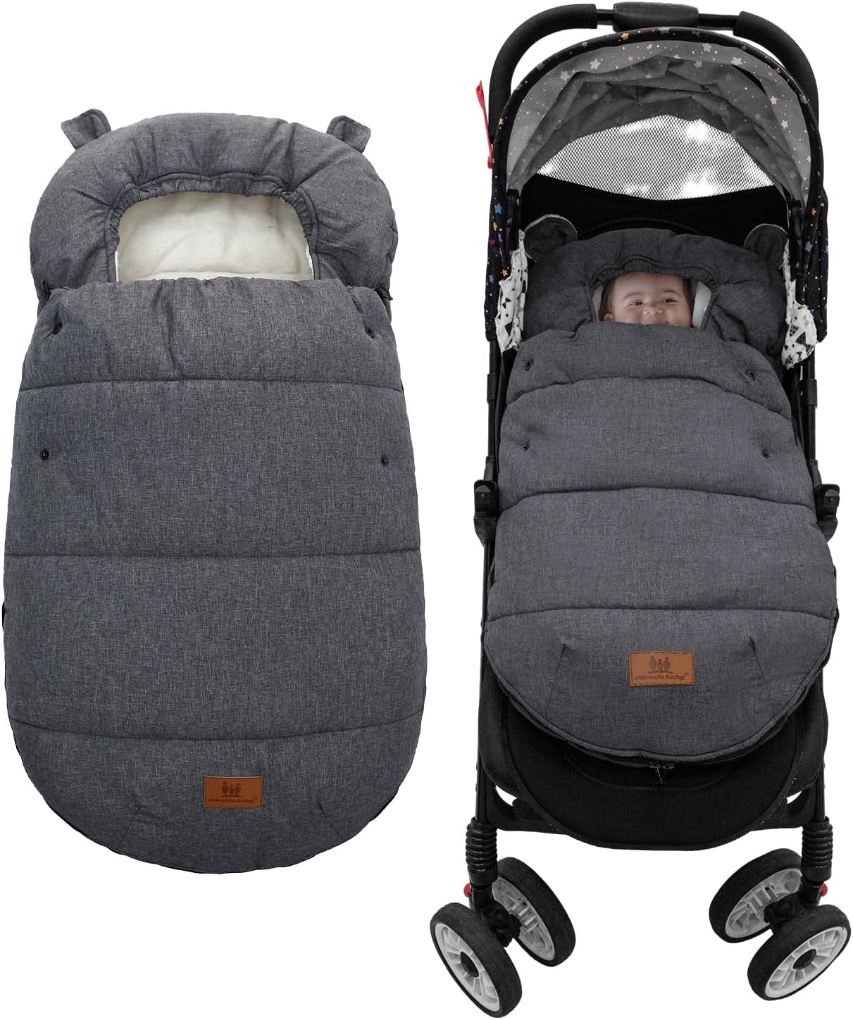 Universal Footmuff for Stroller, Warm Stroller Sleeping Bag Cold Weather, Waterproof Windproof Anti-Slip Toddler Footmuff Sherpa Lining & Fleece Hood Machine Washable