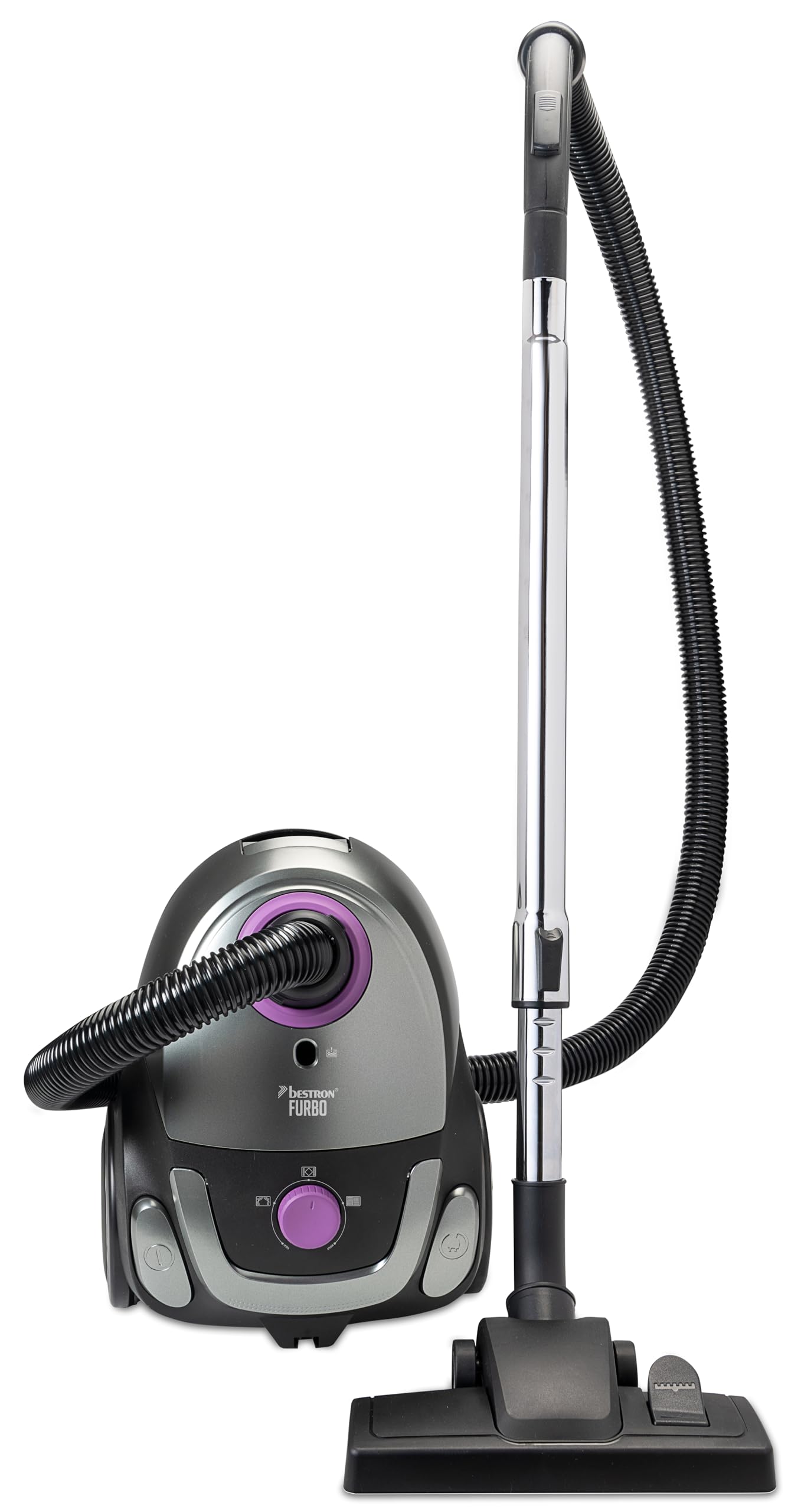 Bestron Staubsauger mit Beutel, Bodenstaubsauger inkl. 3 Staubsaugerbeutel, 94cm Teleskopstange & umschaltbarer Bodendüse, 7.5m Aktionsradius, auswaschbarer HEPA12 & Mikrofilter, Farbe: Lila/Silber