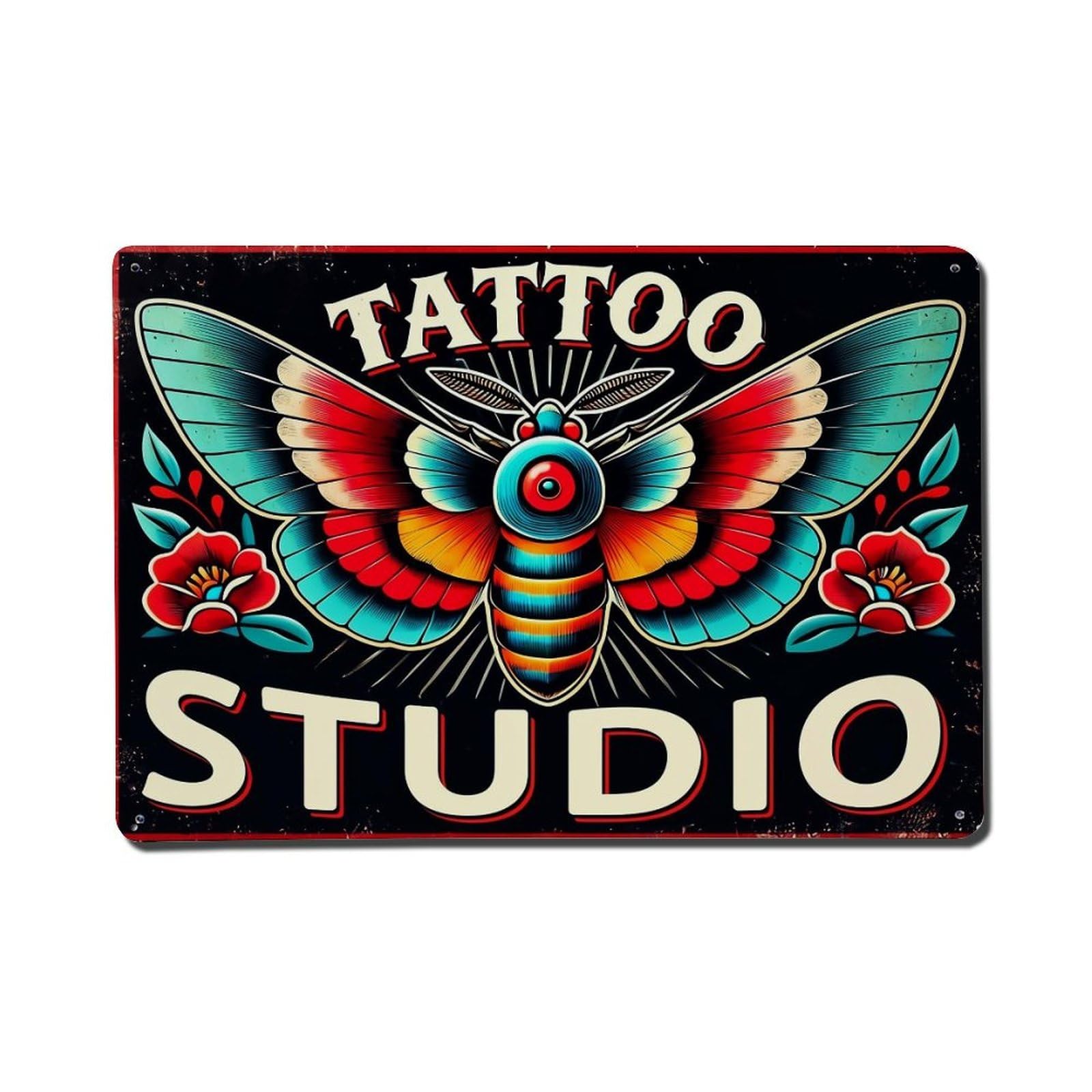 Jdfenggu Vintage Tattoo Studio Moth Design Print Retro Metal Tin Sign, Metal Poster For Bar, Home, Man Cave, Kitchen, Laundry Room Art Decor 8X12 Inch