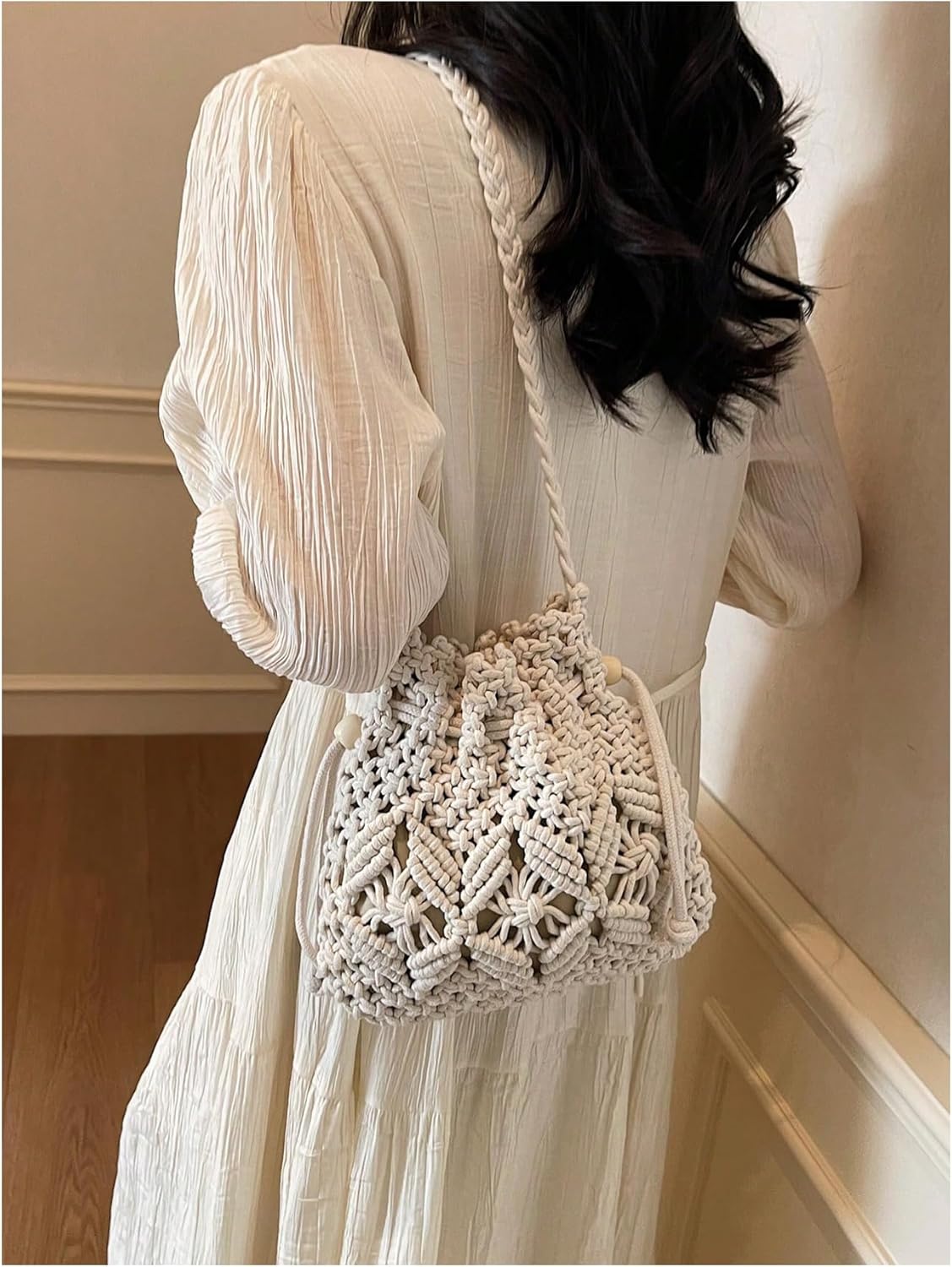 OYOANGLE Women's Braided Bucket Bag Drawstring Crossbody Bags Hollow Out Crochet Shoulder Handbag