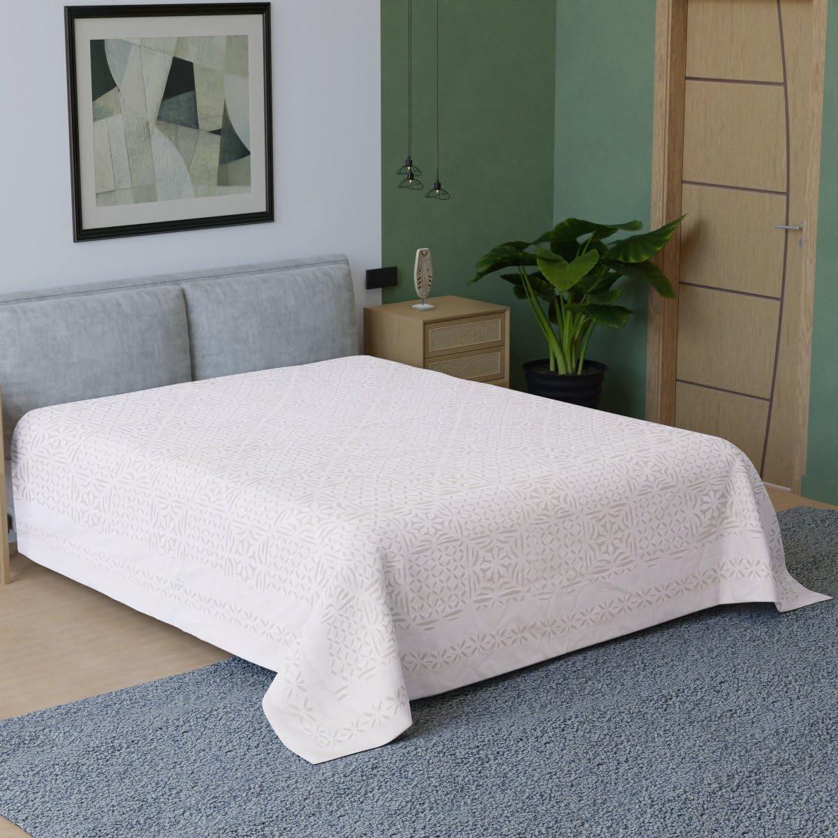 Buy Peepul Tree Handmade White Applique Cutwork Cotton Double Bed Cover