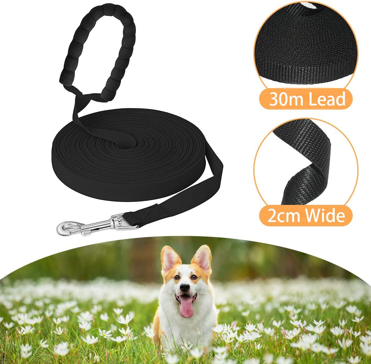 Guinzaglio Lungo 30m Per Cani RUNEAY - Addestramento E Richiamo, Nylon Resistente, Con Manico Imbottito - Foto 8