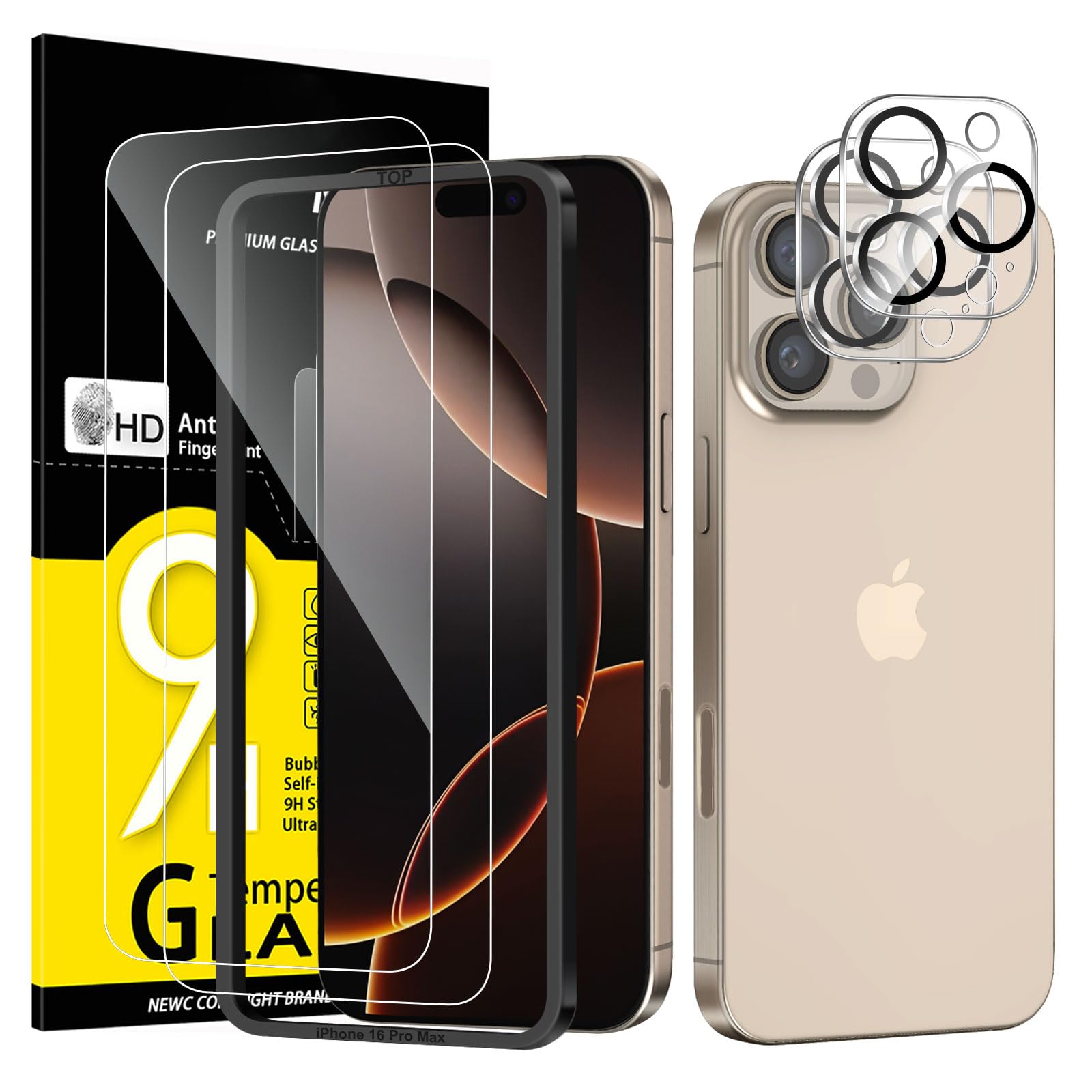 NEW'C 2 x Pellicola Vetro Temperato per iPhone 16 Pro Max (6,9 pollici) e 2 x Pellicola Vetro Protettiva Fotocamera Posteriore per iPhone 16 Pro Max - Strumento di facile installazione incluso
