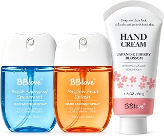 Portable Hand Sanitizer & Hand Cream Set, 3-Piece | 70% Ethyl Alcohol Sprays: Passion Fruit Splash & Fresh Squeezed Spearmint, 2 x 50 mL; Cherry Blossom Moisturizer, 50g