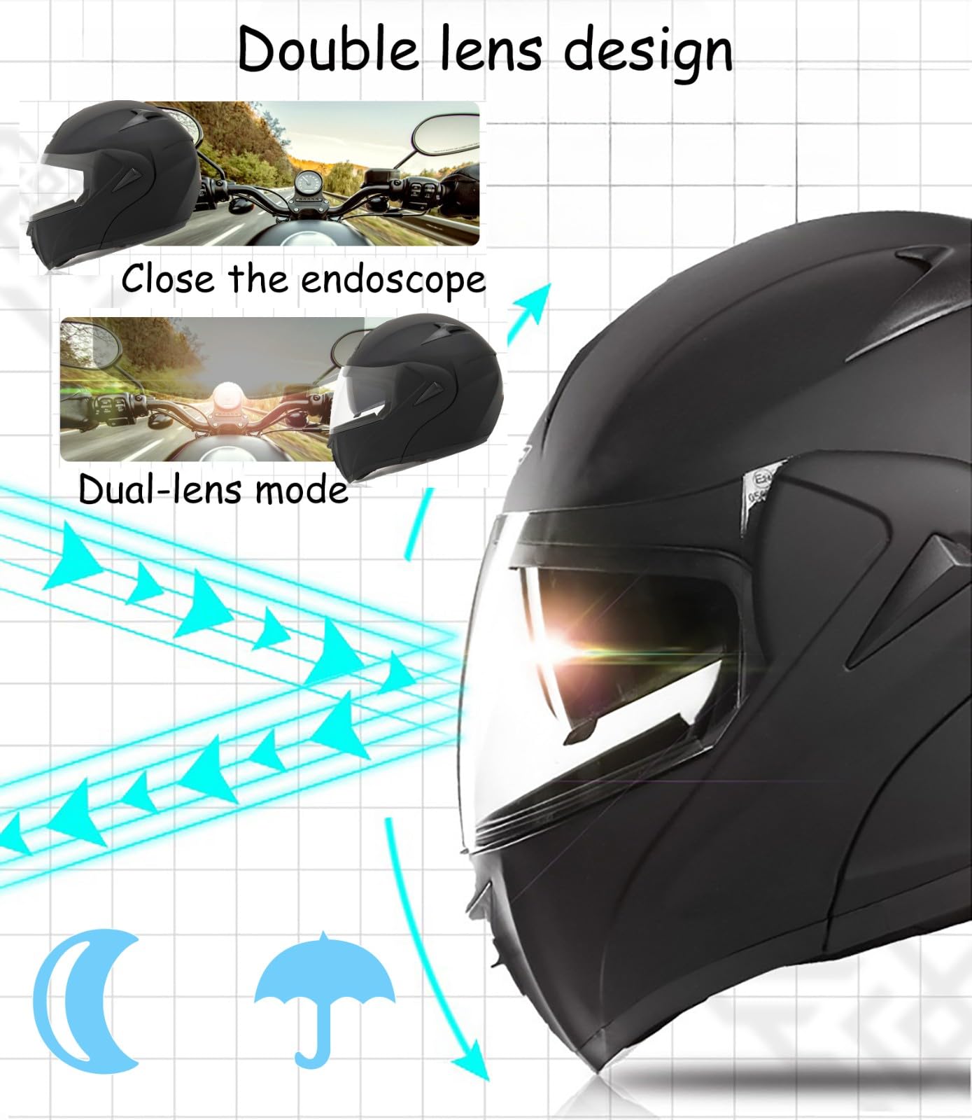 Modułowy kask motocyklowy, kask motocyklowy z podwójną wizjerem, kask integralny z podnoszonym wizjerem dla mężczyzn i kobiet, certyfikat DOT/ECE.